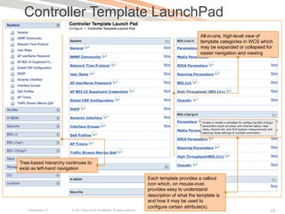 Controller Template LaunchPad
                                                                                                           All-in-one, high-level view of
                                                                                                           template categories in WCS which
                                                                                                           may be expanded or collapsed for
                                                                                                           easier navigation and viewing




Tree-based hierarchy continues to
exist as left-hand navigation

                                                                                  Each template provides a callout
                                                                                  icon which, on mouse-over,
                                                                                  provides easy to understand
                                                                                  description of what the template is
                                                                                  and how it may be used to
                                                                                  configure certain attribute(s).
   Presentation_ID     © 2011 Cisco and/or its affiliates. All rights reserved.    Cisco Public                                           23
 