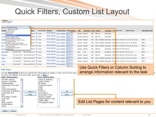 Quick Filters, Custom List Layout




                                                                             Use Quick Filters or Column Sorting to
                                                                             arrange information relevant to the task




                                                                             Edit List Pages for content relevant to you


Presentation_ID   © 2011 Cisco and/or its affiliates. All rights reserved.     Cisco Public                             51
 