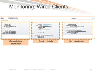 Monitoring: Wired Clients




General client                                          Session details                     Security details
 information




Presentation_ID   © 2011 Cisco and/or its affiliates. All rights reserved.   Cisco Public                      61
 