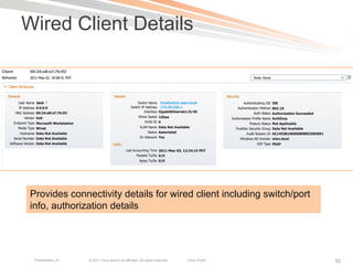 Wired Client Details




 Provides connectivity details for wired client including switch/port
 info, authorization details




  Presentation_ID   © 2011 Cisco and/or its affiliates. All rights reserved.   Cisco Public   62
 