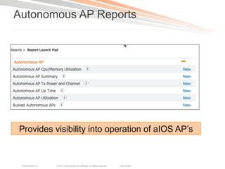 Autonomous AP Reports




Provides visibility into operation of aIOS AP’s


 Presentation_ID   © 2011 Cisco and/or its affiliates. All rights reserved.   Cisco Public   68
 