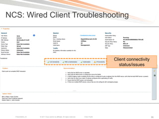 NCS: Wired Client Troubleshooting




                                                                                              Client connectivity
                                                                                                 status/issues




  Presentation_ID   © 2011 Cisco and/or its affiliates. All rights reserved.   Cisco Public                         86
 