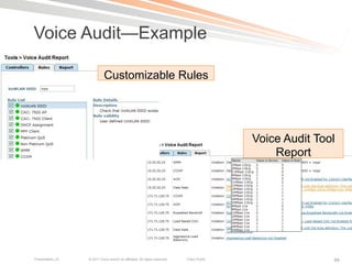 Voice Audit—Example

                            Customizable Rules




                                                                                            Voice Audit Tool
                                                                                                Report




Presentation_ID   © 2011 Cisco and/or its affiliates. All rights reserved.   Cisco Public                  94
 