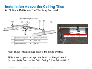 Installation Above the Ceiling Tiles
An Optional Rail Above the Tiles May Be Used




  Note: The AP should be as close to the tile as practical

  AP bracket supports this optional T-bar box hanger item 2
  (not supplied) Such as the Erico Caddy 512 or B-Line BA12


   BRKEWN-3016   © 2011 Cisco and/or its affiliates. All rights reserved.   Cisco Public   100
 