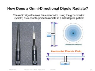 How Does a Omni-Directional Dipole Radiate?
       The radio signal leaves the center wire using the ground wire
        (shield) as a counterpoise to radiate in a 360 degree pattern




 BRKEWN-3016    © 2011 Cisco and/or its affiliates. All rights reserved.   Cisco Public   21
 