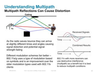 Understanding Multipath
Multipath Reflections Can Cause Distortion




 As the radio waves bounce they can arrive
 at slightly different times and angles causing
 signal distortion and potential signal
 strength fading

 Different modulation schemes fair better –
 802.11a/g uses a type of modulation based                                                  802.11n with more receivers can
 on symbols and is an improvement over the                                                  use destructive interference
 older modulation types used with 802.11b                                                   (multipath) as a benefit but it is best
 clients                                                                                    to reduce multipath conditions
   BRKEWN-3016    © 2011 Cisco and/or its affiliates. All rights reserved.   Cisco Public                                             47
 