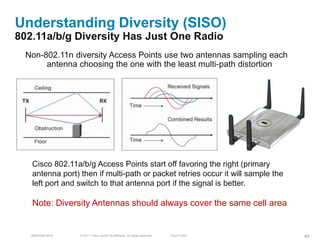 Understanding Diversity (SISO)
802.11a/b/g Diversity Has Just One Radio
  Non-802.11n diversity Access Points use two antennas sampling each
       antenna choosing the one with the least multi-path distortion




   Cisco 802.11a/b/g Access Points start off favoring the right (primary
   antenna port) then if multi-path or packet retries occur it will sample the
   left port and switch to that antenna port if the signal is better.

   Note: Diversity Antennas should always cover the same cell area


   BRKEWN-3016   © 2011 Cisco and/or its affiliates. All rights reserved.   Cisco Public   49
 