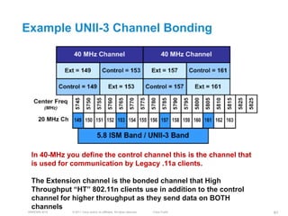 Example UNII-3 Channel Bonding




 In 40-MHz you define the control channel this is the channel that
 is used for communication by Legacy .11a clients.

 The Extension channel is the bonded channel that High
 Throughput ―HT‖ 802.11n clients use in addition to the control
 channel for higher throughput as they send data on BOTH
 channels
BRKEWN-3016   © 2011 Cisco and/or its affiliates. All rights reserved.   Cisco Public   61
 