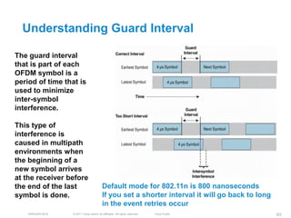 Understanding Guard Interval

The guard interval
that is part of each
OFDM symbol is a
period of time that is
used to minimize
inter-symbol
interference.

This type of
interference is
caused in multipath
environments when
the beginning of a
new symbol arrives
at the receiver before
the end of the last                       Default mode for 802.11n is 800 nanoseconds
symbol is done.                           If you set a shorter interval it will go back to long
                                          in the event retries occur
    BRKEWN-3016   © 2011 Cisco and/or its affiliates. All rights reserved.   Cisco Public         63
 