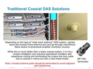 Traditional Coaxial DAS Solutions




Depending on the type of ―wide band antenna‖ DAS system, signals
   leave the Access Point antenna port and go through mechanical
        filters and/or bi-directional amplifier combiner circuitry.

  While this is much better then a leaky coaxial system, it is not a
       simple installation and requires specialized installers with
     experience cutting and terminating the unique low loss cable
          that is coaxial in nature but has a hard metal shield.                           RP-TNC
                                                                                           Terminator
Note: Unused antenna ports should be terminated to avoid adjacent
                          cell interference
   BRKEWN-3016   © 2011 Cisco and/or its affiliates. All rights reserved.   Cisco Public                70
 
