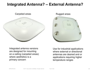 Integrated Antenna? – External Antenna?

           Carpeted areas                                                                   Rugged areas




 Integrated antenna versions                                                         Use for industrial applications
 are designed for mounting                                                           where external or directional
 on a ceiling (carpeted areas)                                                       antennas are desired and or
 where aesthetics is a                                                               applications requiring higher
 primary concern                                                                     temperature ranges


 BRKEWN-3016      © 2011 Cisco and/or its affiliates. All rights reserved.   Cisco Public                              77
 