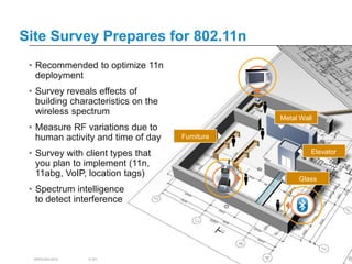 Site Survey Prepares for 802.11n
 • Recommended to optimize 11n
   deployment
 • Survey reveals effects of
   building characteristics on the
   wireless spectrum
                                                                                           Metal Wall
 • Measure RF variations due to
   human activity and time of day                                          Furniture

 • Survey with client types that                                                                    Elevator
   you plan to implement (11n,
   11abg, VoIP, location tags)
                                                                                                Glass
 • Spectrum intelligence
   to detect interference




  BRKEWN-3016   © 2011 Cisco and/or its affiliates. All rights reserved.    Cisco Public                   85
 