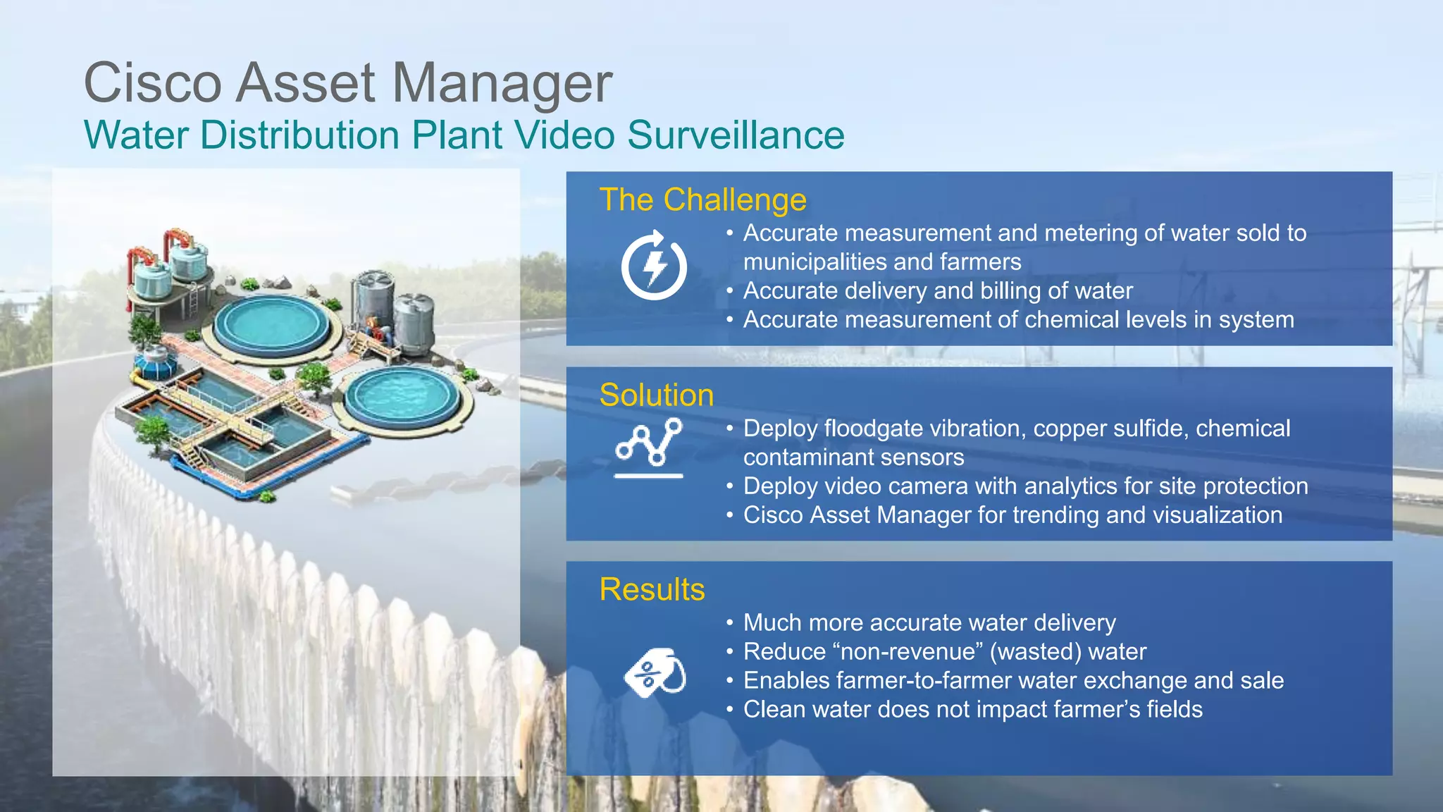 © 2017 Cisco and/or its affiliates. All rights reserved. Cisco Public
Solution
• Deploy floodgate vibration, copper sulfide, chemical
contaminant sensors
• Deploy video camera with analytics for site protection
• Cisco Asset Manager for trending and visualization
Results
• Much more accurate water delivery
• Reduce “non-revenue” (wasted) water
• Enables farmer-to-farmer water exchange and sale
• Clean water does not impact farmer’s fields
The Challenge
• Accurate measurement and metering of water sold to
municipalities and farmers
• Accurate delivery and billing of water
• Accurate measurement of chemical levels in system
Cisco Asset Manager
Water Distribution Plant Video Surveillance
 