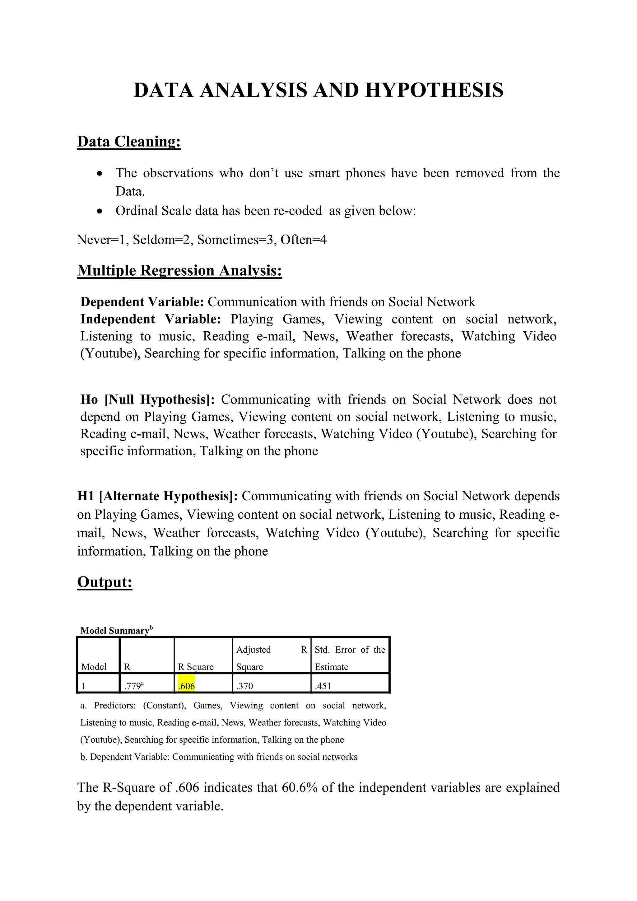 DATA ANALYSIS AND HYPOTHESIS
Data Cleaning:
 The observations who don’t use smart phones have been removed from the
Data.
 Ordinal Scale data has been re-coded as given below:
Never=1, Seldom=2, Sometimes=3, Often=4
Multiple Regression Analysis:
Dependent Variable: Communication with friends on Social Network
Independent Variable: Playing Games, Viewing content on social network,
Listening to music, Reading e-mail, News, Weather forecasts, Watching Video
(Youtube), Searching for specific information, Talking on the phone
Ho [Null Hypothesis]: Communicating with friends on Social Network does not
depend on Playing Games, Viewing content on social network, Listening to music,
Reading e-mail, News, Weather forecasts, Watching Video (Youtube), Searching for
specific information, Talking on the phone
H1 [Alternate Hypothesis]: Communicating with friends on Social Network depends
on Playing Games, Viewing content on social network, Listening to music, Reading e-
mail, News, Weather forecasts, Watching Video (Youtube), Searching for specific
information, Talking on the phone
Output:
Model Summaryb
Model R R Square
Adjusted R
Square
Std. Error of the
Estimate
1 .779a
.606 .370 .451
a. Predictors: (Constant), Games, Viewing content on social network,
Listening to music, Reading e-mail, News, Weather forecasts, Watching Video
(Youtube), Searching for specific information, Talking on the phone
b. Dependent Variable: Communicating with friends on social networks
The R-Square of .606 indicates that 60.6% of the independent variables are explained
by the dependent variable.
 