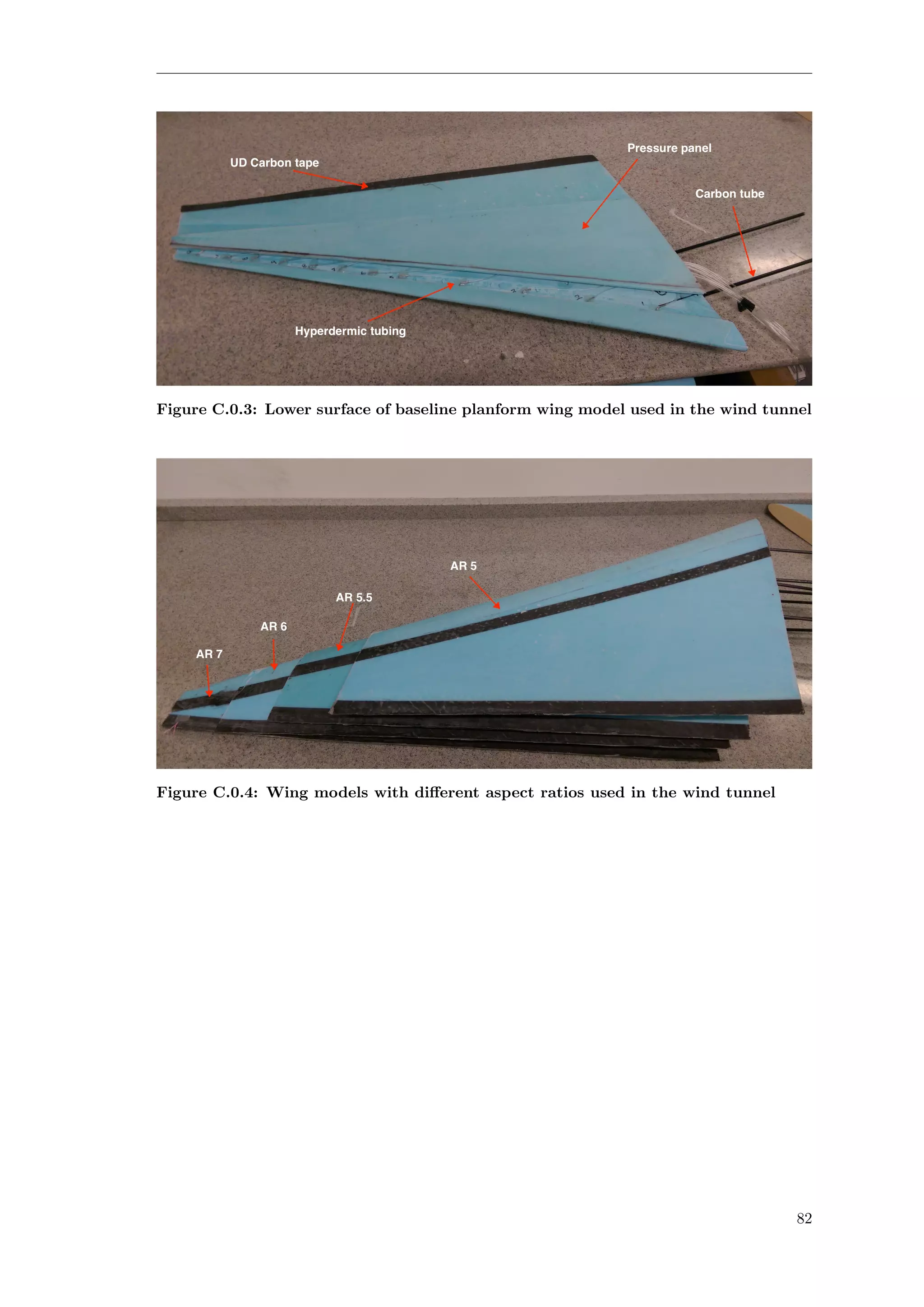 Figure C.0.3: Lower surface of baseline planform wing model used in the wind tunnel
Figure C.0.4: Wing models with diﬀerent aspect ratios used in the wind tunnel
82
 