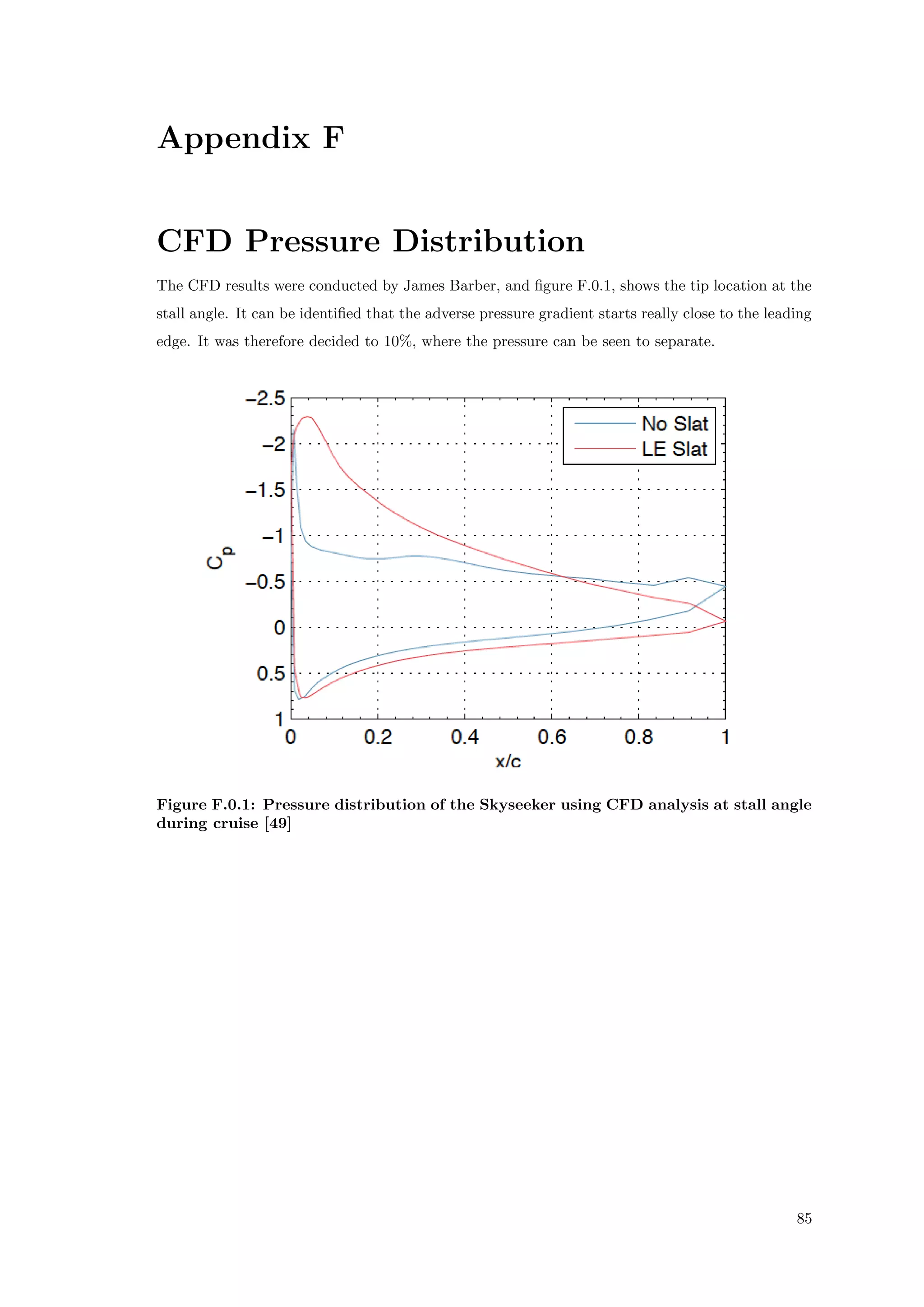 Appendix F
CFD Pressure Distribution
The CFD results were conducted by James Barber, and ﬁgure F.0.1, shows the tip location at the
stall angle. It can be identiﬁed that the adverse pressure gradient starts really close to the leading
edge. It was therefore decided to 10%, where the pressure can be seen to separate.
Figure F.0.1: Pressure distribution of the Skyseeker using CFD analysis at stall angle
during cruise [49]
85
 