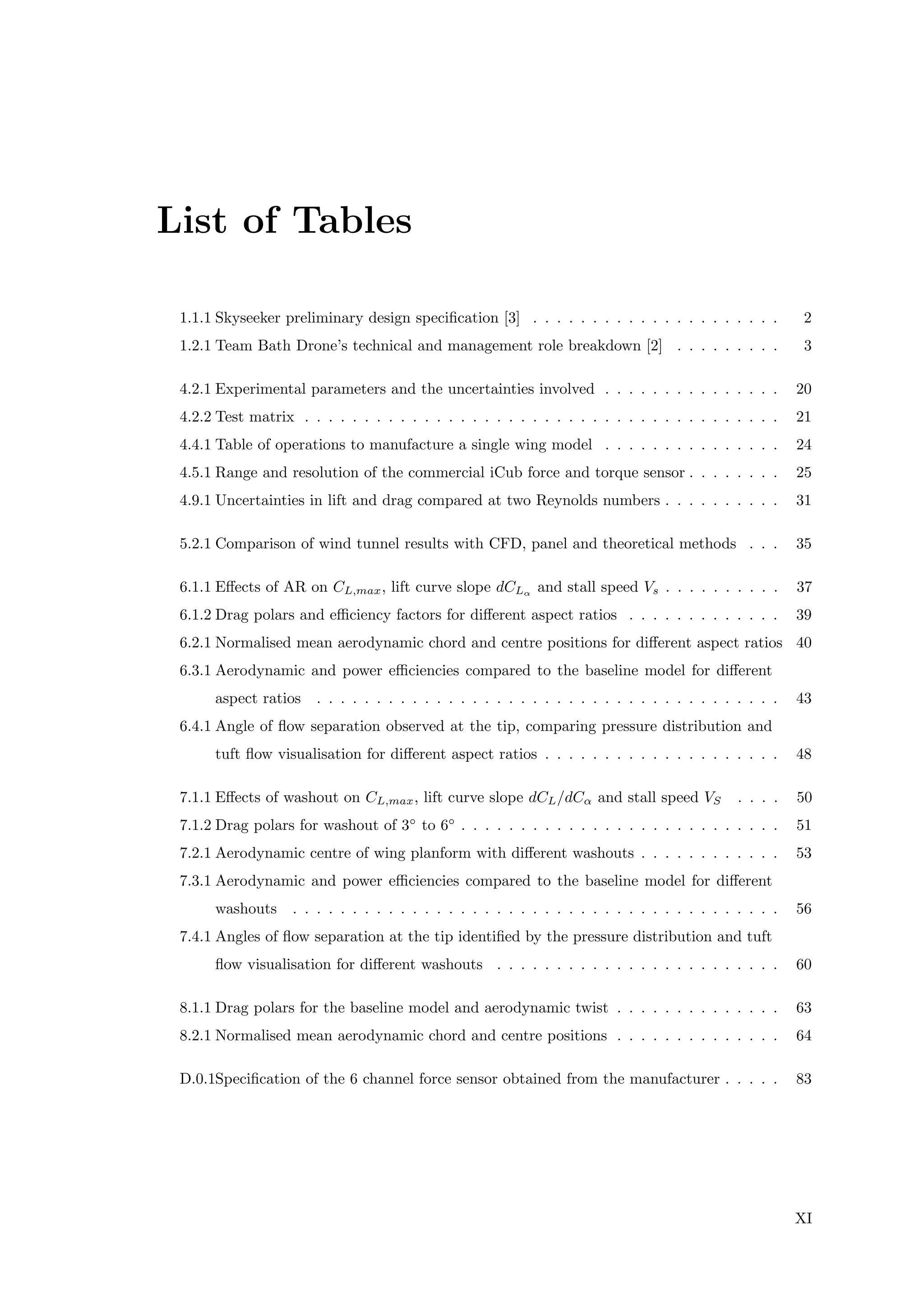 List of Tables
1.1.1 Skyseeker preliminary design speciﬁcation [3] . . . . . . . . . . . . . . . . . . . . . 2
1.2.1 Team Bath Drone’s technical and management role breakdown [2] . . . . . . . . . 3
4.2.1 Experimental parameters and the uncertainties involved . . . . . . . . . . . . . . . 20
4.2.2 Test matrix . . . . . . . . . . . . . . . . . . . . . . . . . . . . . . . . . . . . . . . . 21
4.4.1 Table of operations to manufacture a single wing model . . . . . . . . . . . . . . . 24
4.5.1 Range and resolution of the commercial iCub force and torque sensor . . . . . . . . 25
4.9.1 Uncertainties in lift and drag compared at two Reynolds numbers . . . . . . . . . . 31
5.2.1 Comparison of wind tunnel results with CFD, panel and theoretical methods . . . 35
6.1.1 Eﬀects of AR on CL,max, lift curve slope dCLα and stall speed Vs . . . . . . . . . . 37
6.1.2 Drag polars and eﬃciency factors for diﬀerent aspect ratios . . . . . . . . . . . . . 39
6.2.1 Normalised mean aerodynamic chord and centre positions for diﬀerent aspect ratios 40
6.3.1 Aerodynamic and power eﬃciencies compared to the baseline model for diﬀerent
aspect ratios . . . . . . . . . . . . . . . . . . . . . . . . . . . . . . . . . . . . . . . 43
6.4.1 Angle of ﬂow separation observed at the tip, comparing pressure distribution and
tuft ﬂow visualisation for diﬀerent aspect ratios . . . . . . . . . . . . . . . . . . . . 48
7.1.1 Eﬀects of washout on CL,max, lift curve slope dCL/dCα and stall speed VS . . . . 50
7.1.2 Drag polars for washout of 3◦
to 6◦
. . . . . . . . . . . . . . . . . . . . . . . . . . . 51
7.2.1 Aerodynamic centre of wing planform with diﬀerent washouts . . . . . . . . . . . . 53
7.3.1 Aerodynamic and power eﬃciencies compared to the baseline model for diﬀerent
washouts . . . . . . . . . . . . . . . . . . . . . . . . . . . . . . . . . . . . . . . . . 56
7.4.1 Angles of ﬂow separation at the tip identiﬁed by the pressure distribution and tuft
ﬂow visualisation for diﬀerent washouts . . . . . . . . . . . . . . . . . . . . . . . . 60
8.1.1 Drag polars for the baseline model and aerodynamic twist . . . . . . . . . . . . . . 63
8.2.1 Normalised mean aerodynamic chord and centre positions . . . . . . . . . . . . . . 64
D.0.1Speciﬁcation of the 6 channel force sensor obtained from the manufacturer . . . . . 83
XI
 