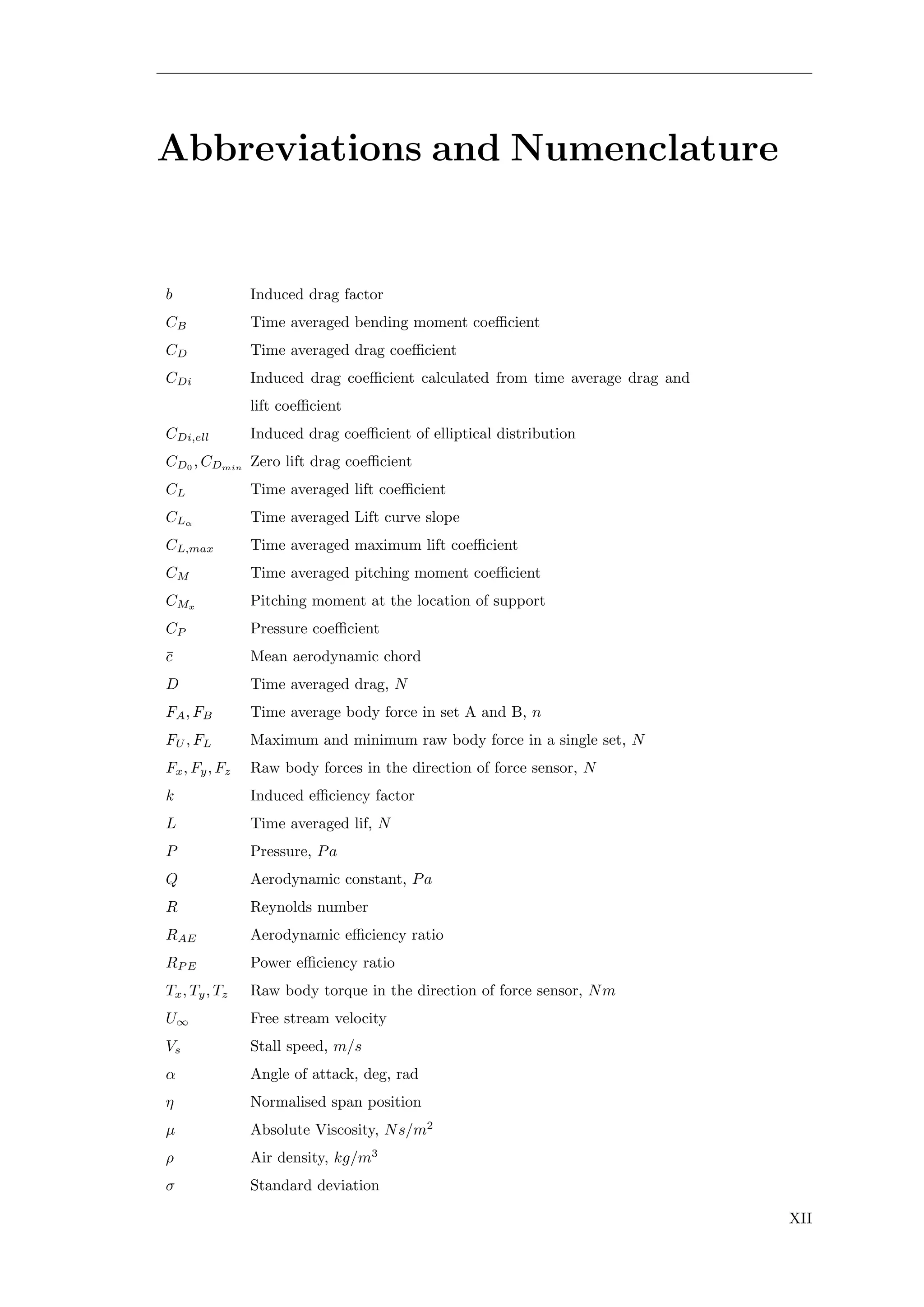 Abbreviations and Numenclature
b Induced drag factor
CB Time averaged bending moment coeﬃcient
CD Time averaged drag coeﬃcient
CDi Induced drag coeﬃcient calculated from time average drag and
lift coeﬃcient
CDi,ell Induced drag coeﬃcient of elliptical distribution
CD0 , CDmin Zero lift drag coeﬃcient
CL Time averaged lift coeﬃcient
CLα
Time averaged Lift curve slope
CL,max Time averaged maximum lift coeﬃcient
CM Time averaged pitching moment coeﬃcient
CMx Pitching moment at the location of support
CP Pressure coeﬃcient
¯c Mean aerodynamic chord
D Time averaged drag, N
FA, FB Time average body force in set A and B, n
FU , FL Maximum and minimum raw body force in a single set, N
Fx, Fy, Fz Raw body forces in the direction of force sensor, N
k Induced eﬃciency factor
L Time averaged lif, N
P Pressure, Pa
Q Aerodynamic constant, Pa
R Reynolds number
RAE Aerodynamic eﬃciency ratio
RP E Power eﬃciency ratio
Tx, Ty, Tz Raw body torque in the direction of force sensor, Nm
U∞ Free stream velocity
Vs Stall speed, m/s
α Angle of attack, deg, rad
η Normalised span position
µ Absolute Viscosity, Ns/m2
ρ Air density, kg/m3
σ Standard deviation
XII
 