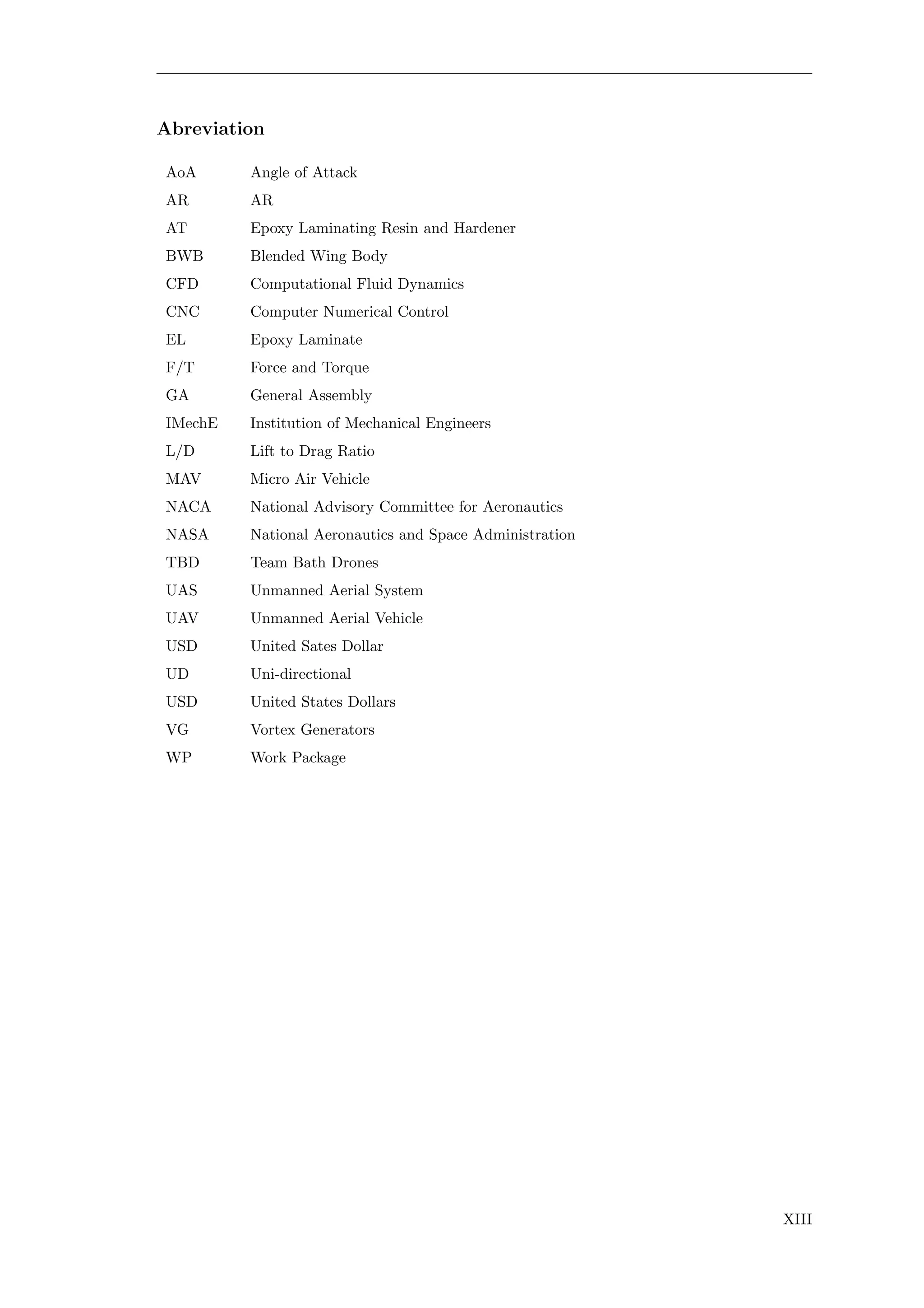 Abreviation
AoA Angle of Attack
AR AR
AT Epoxy Laminating Resin and Hardener
BWB Blended Wing Body
CFD Computational Fluid Dynamics
CNC Computer Numerical Control
EL Epoxy Laminate
F/T Force and Torque
GA General Assembly
IMechE Institution of Mechanical Engineers
L/D Lift to Drag Ratio
MAV Micro Air Vehicle
NACA National Advisory Committee for Aeronautics
NASA National Aeronautics and Space Administration
TBD Team Bath Drones
UAS Unmanned Aerial System
UAV Unmanned Aerial Vehicle
USD United Sates Dollar
UD Uni-directional
USD United States Dollars
VG Vortex Generators
WP Work Package
XIII
 