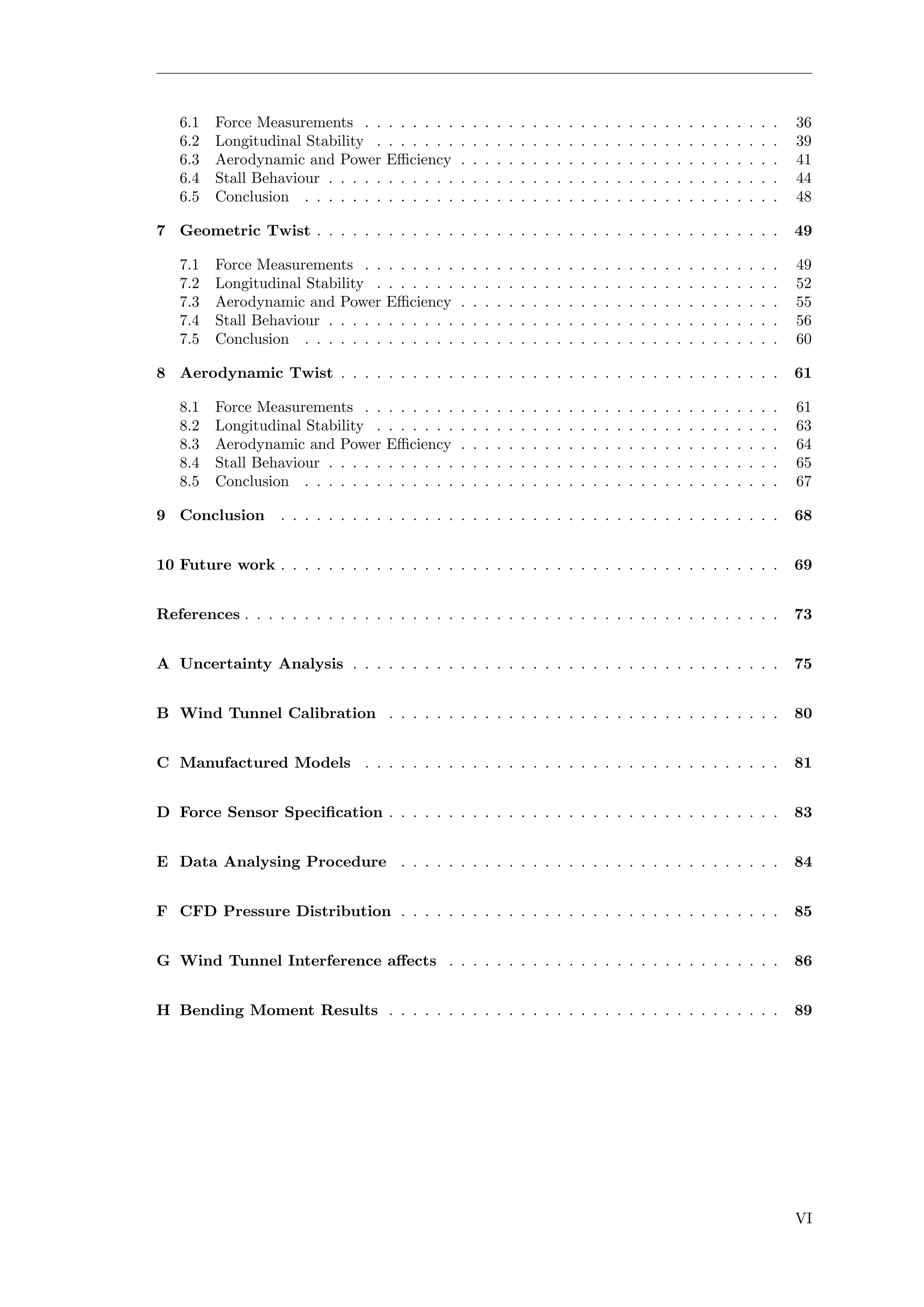 6.1 Force Measurements . . . . . . . . . . . . . . . . . . . . . . . . . . . . . . . . . . . 36
6.2 Longitudinal Stability . . . . . . . . . . . . . . . . . . . . . . . . . . . . . . . . . . 39
6.3 Aerodynamic and Power Eﬃciency . . . . . . . . . . . . . . . . . . . . . . . . . . . 41
6.4 Stall Behaviour . . . . . . . . . . . . . . . . . . . . . . . . . . . . . . . . . . . . . . 44
6.5 Conclusion . . . . . . . . . . . . . . . . . . . . . . . . . . . . . . . . . . . . . . . . 48
7 Geometric Twist . . . . . . . . . . . . . . . . . . . . . . . . . . . . . . . . . . . . . . . 49
7.1 Force Measurements . . . . . . . . . . . . . . . . . . . . . . . . . . . . . . . . . . . 49
7.2 Longitudinal Stability . . . . . . . . . . . . . . . . . . . . . . . . . . . . . . . . . . 52
7.3 Aerodynamic and Power Eﬃciency . . . . . . . . . . . . . . . . . . . . . . . . . . . 55
7.4 Stall Behaviour . . . . . . . . . . . . . . . . . . . . . . . . . . . . . . . . . . . . . . 56
7.5 Conclusion . . . . . . . . . . . . . . . . . . . . . . . . . . . . . . . . . . . . . . . . 60
8 Aerodynamic Twist . . . . . . . . . . . . . . . . . . . . . . . . . . . . . . . . . . . . . 61
8.1 Force Measurements . . . . . . . . . . . . . . . . . . . . . . . . . . . . . . . . . . . 61
8.2 Longitudinal Stability . . . . . . . . . . . . . . . . . . . . . . . . . . . . . . . . . . 63
8.3 Aerodynamic and Power Eﬃciency . . . . . . . . . . . . . . . . . . . . . . . . . . . 64
8.4 Stall Behaviour . . . . . . . . . . . . . . . . . . . . . . . . . . . . . . . . . . . . . . 65
8.5 Conclusion . . . . . . . . . . . . . . . . . . . . . . . . . . . . . . . . . . . . . . . . 67
9 Conclusion . . . . . . . . . . . . . . . . . . . . . . . . . . . . . . . . . . . . . . . . . . 68
10 Future work . . . . . . . . . . . . . . . . . . . . . . . . . . . . . . . . . . . . . . . . . . 69
References . . . . . . . . . . . . . . . . . . . . . . . . . . . . . . . . . . . . . . . . . . . . . 73
A Uncertainty Analysis . . . . . . . . . . . . . . . . . . . . . . . . . . . . . . . . . . . . 75
B Wind Tunnel Calibration . . . . . . . . . . . . . . . . . . . . . . . . . . . . . . . . . 80
C Manufactured Models . . . . . . . . . . . . . . . . . . . . . . . . . . . . . . . . . . . 81
D Force Sensor Speciﬁcation . . . . . . . . . . . . . . . . . . . . . . . . . . . . . . . . . 83
E Data Analysing Procedure . . . . . . . . . . . . . . . . . . . . . . . . . . . . . . . . 84
F CFD Pressure Distribution . . . . . . . . . . . . . . . . . . . . . . . . . . . . . . . . 85
G Wind Tunnel Interference aﬀects . . . . . . . . . . . . . . . . . . . . . . . . . . . . 86
H Bending Moment Results . . . . . . . . . . . . . . . . . . . . . . . . . . . . . . . . . 89
VI
 