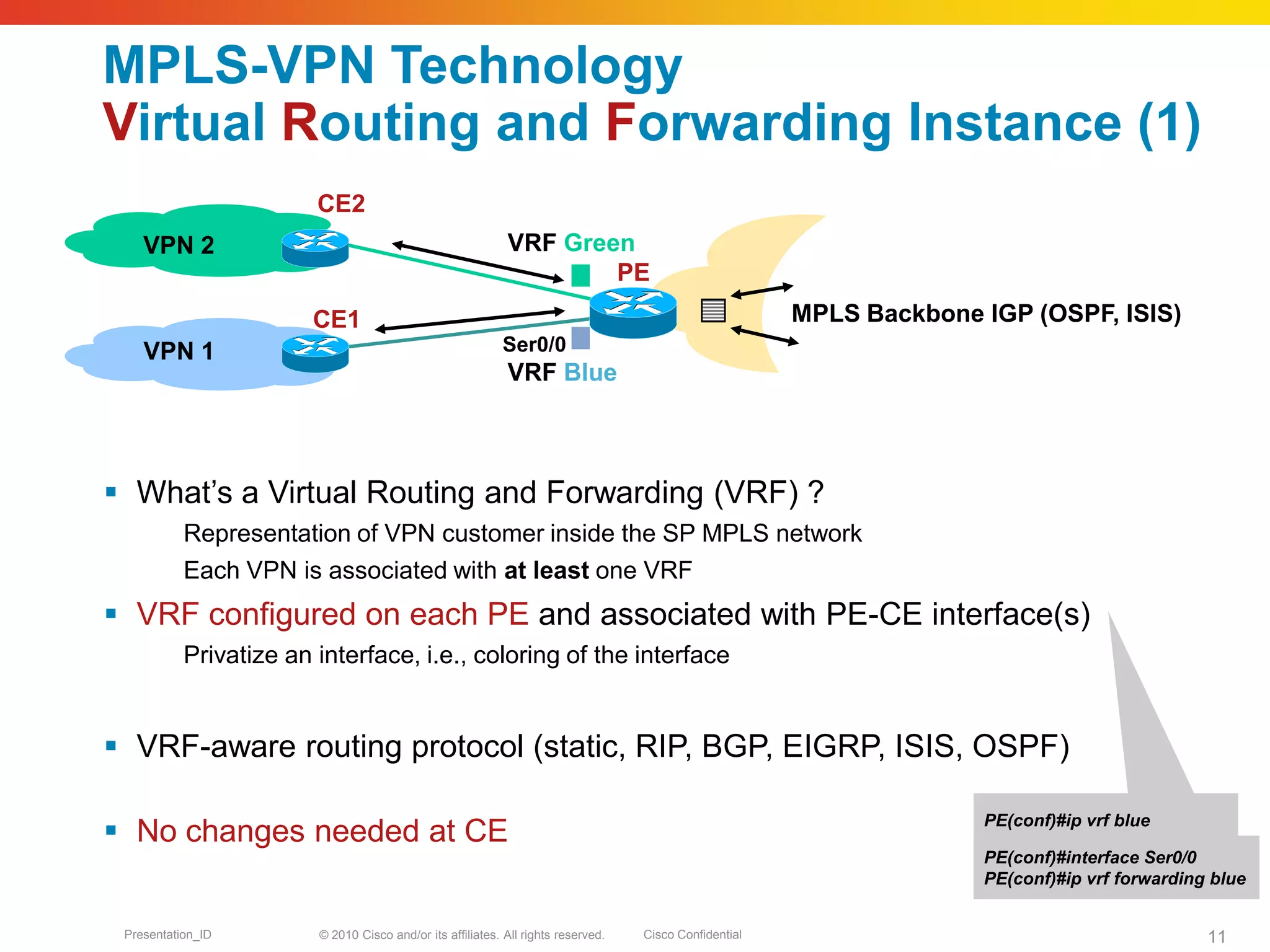 © 2010 Cisco and/or its affiliates. All rights reserved. Cisco ConfidentialPresentation_ID 11
MPLS-VPN Technology
Virtual Routing and Forwarding Instance (1)
 What’s a Virtual Routing and Forwarding (VRF) ?
Representation of VPN customer inside the SP MPLS network
Each VPN is associated with at least one VRF
 VRF configured on each PE and associated with PE-CE interface(s)
Privatize an interface, i.e., coloring of the interface
 VRF-aware routing protocol (static, RIP, BGP, EIGRP, ISIS, OSPF)
 No changes needed at CE
PE(conf)#interface Ser0/0
PE(conf)#ip vrf forwarding blue
PE(conf)#ip vrf blue
CE2
PE
CE1
VPN 1
VPN 2
MPLS Backbone IGP (OSPF, ISIS)
VRF Blue
VRF Green
Ser0/0
 