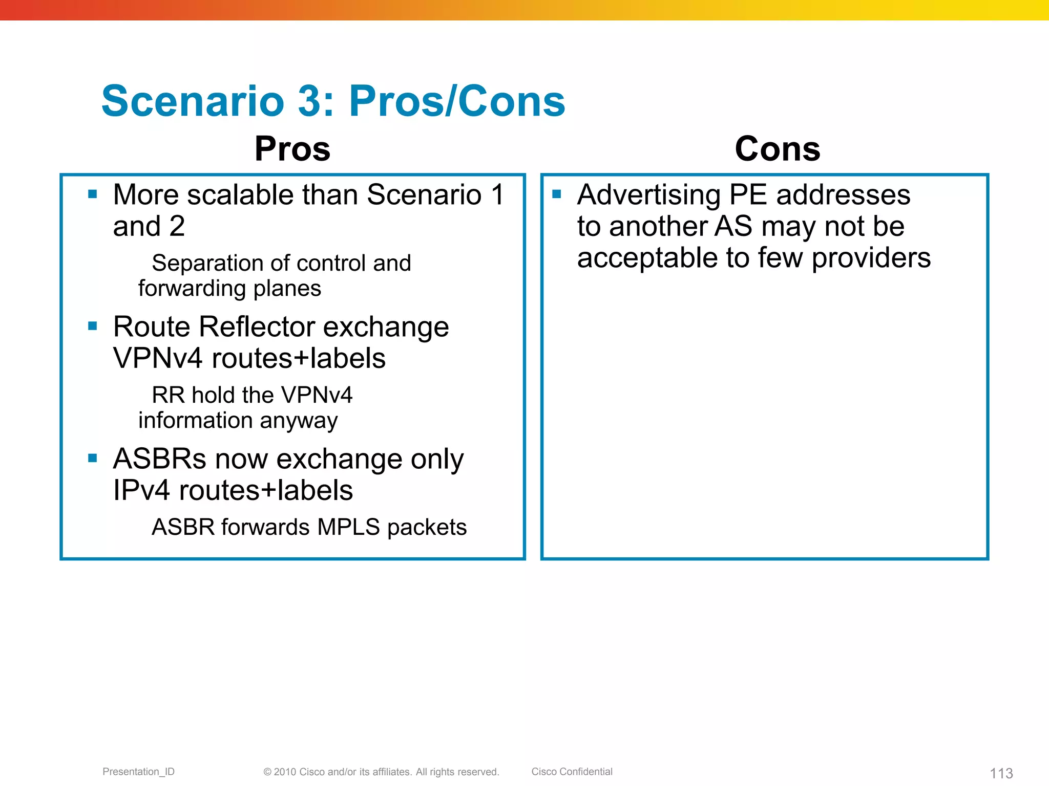 © 2010 Cisco and/or its affiliates. All rights reserved. Cisco ConfidentialPresentation_ID 113
Scenario 3: Pros/Cons
 More scalable than Scenario 1
and 2
Separation of control and
forwarding planes
 Route Reflector exchange
VPNv4 routes+labels
RR hold the VPNv4
information anyway
 ASBRs now exchange only
IPv4 routes+labels
ASBR forwards MPLS packets
 Advertising PE addresses
to another AS may not be
acceptable to few providers
Pros Cons
 