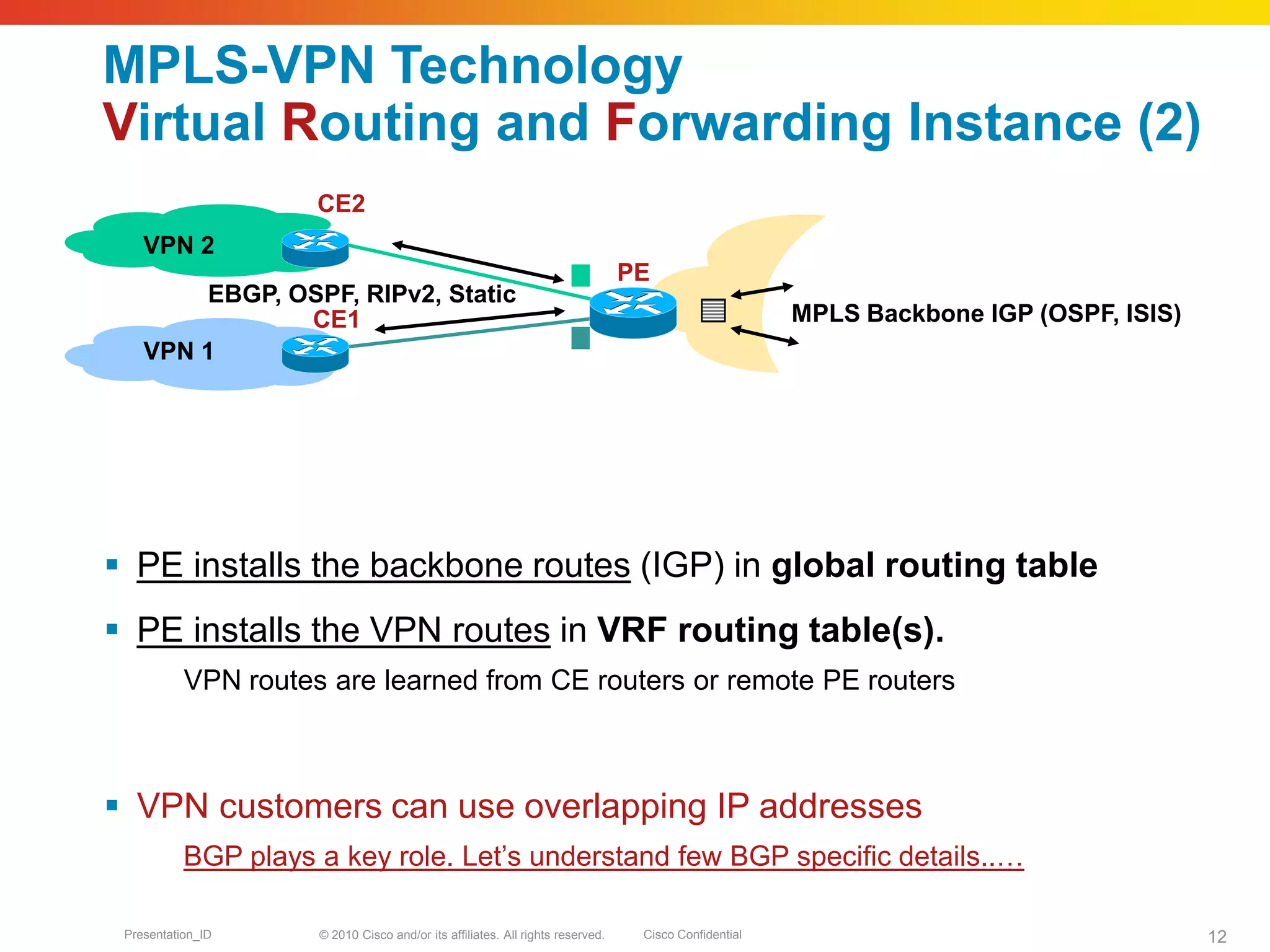 © 2010 Cisco and/or its affiliates. All rights reserved. Cisco ConfidentialPresentation_ID 12
MPLS-VPN Technology
Virtual Routing and Forwarding Instance (2)
 PE installs the backbone routes (IGP) in global routing table
 PE installs the VPN routes in VRF routing table(s).
VPN routes are learned from CE routers or remote PE routers
 VPN customers can use overlapping IP addresses
BGP plays a key role. Let’s understand few BGP specific details..…
CE2
PE
CE1
VPN 1
VPN 2
EBGP, OSPF, RIPv2, Static
MPLS Backbone IGP (OSPF, ISIS)
 