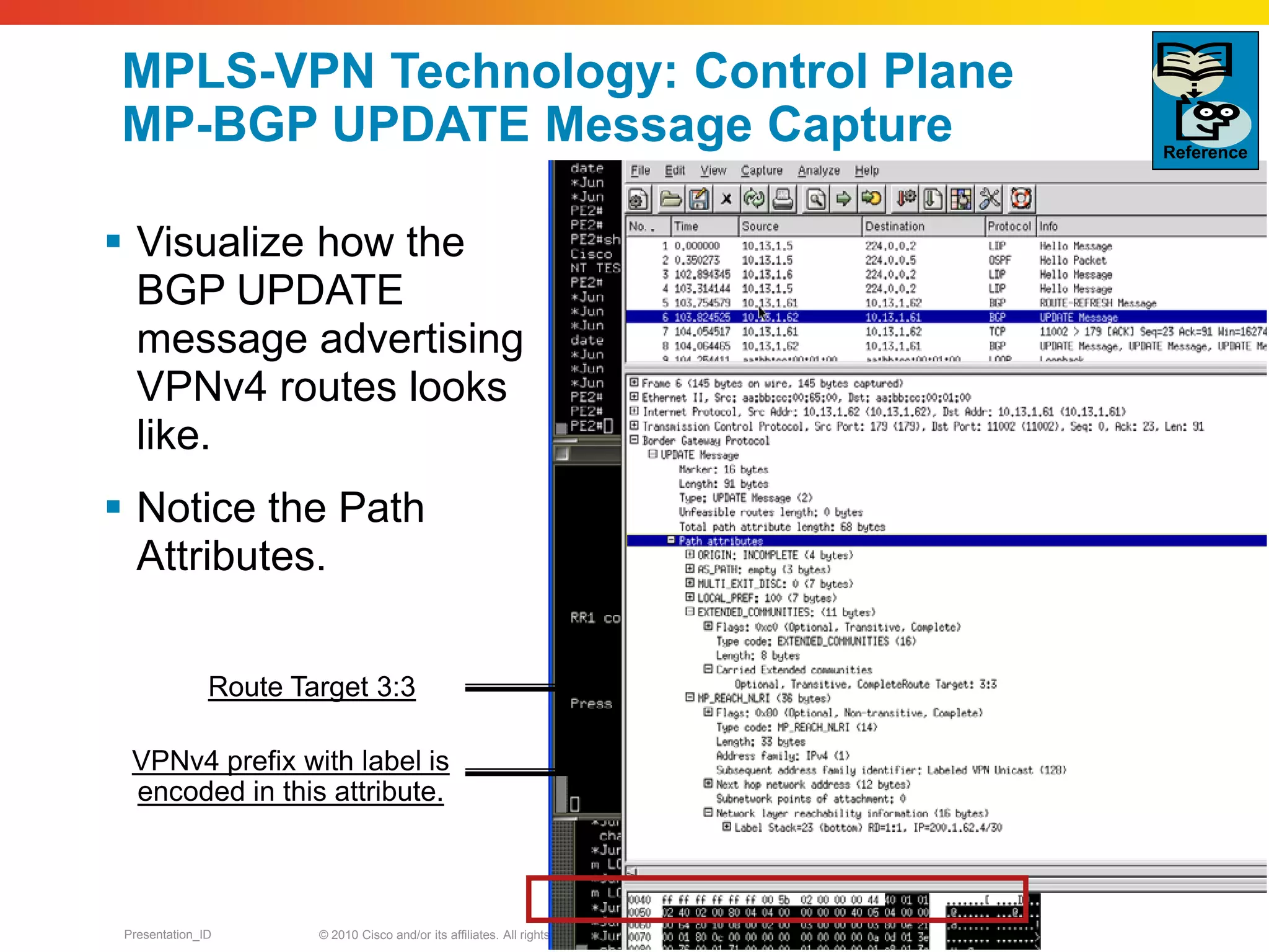 © 2010 Cisco and/or its affiliates. All rights reserved. Cisco ConfidentialPresentation_ID 14
MPLS-VPN Technology: Control Plane
MP-BGP UPDATE Message Capture
 Visualize how the
BGP UPDATE
message advertising
VPNv4 routes looks
like.
 Notice the Path
Attributes.
VPNv4 prefix with label is
encoded in this attribute.
Route Target 3:3
Reference
 
