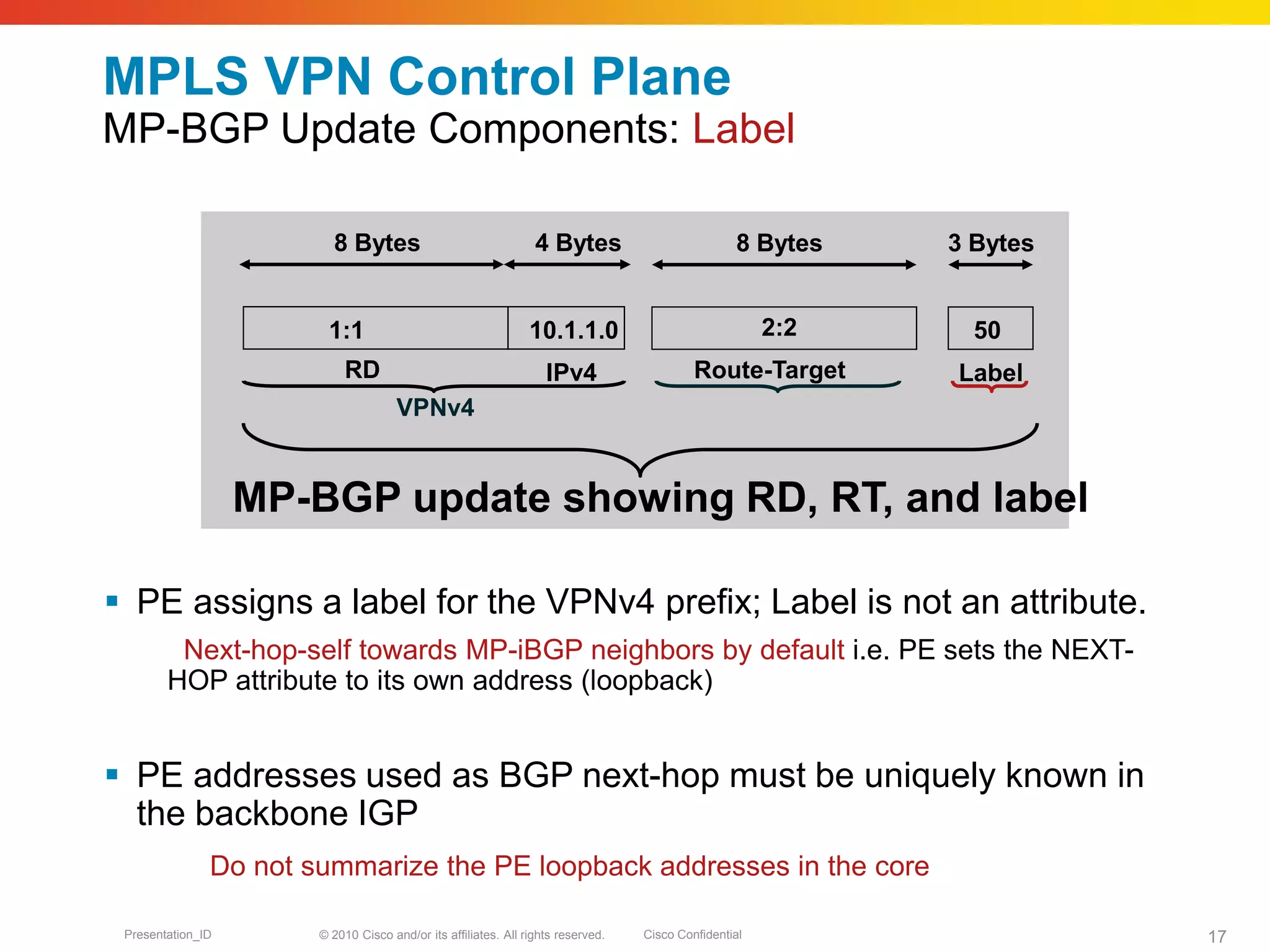 © 2010 Cisco and/or its affiliates. All rights reserved. Cisco ConfidentialPresentation_ID 17
MPLS VPN Control Plane
MP-BGP Update Components: Label
 PE assigns a label for the VPNv4 prefix; Label is not an attribute.
Next-hop-self towards MP-iBGP neighbors by default i.e. PE sets the NEXT-
HOP attribute to its own address (loopback)
 PE addresses used as BGP next-hop must be uniquely known in
the backbone IGP
Do not summarize the PE loopback addresses in the core
3 Bytes
Label
MP-BGP update showing RD, RT, and label
1:1
8 Bytes 4 Bytes
RD IPv4
VPNv4
10.1.1.0 2:2 50
8 Bytes
Route-Target
 
