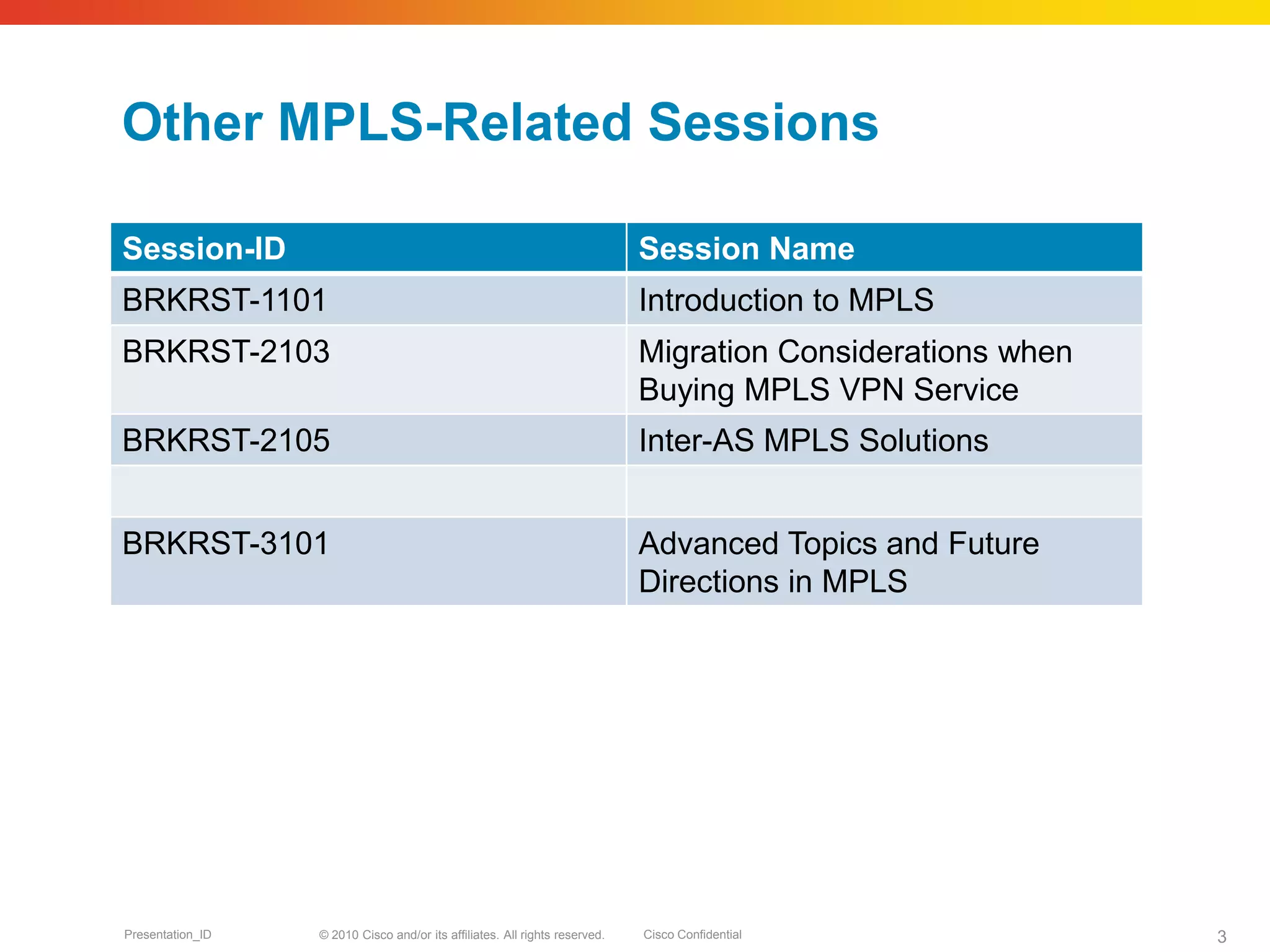 © 2010 Cisco and/or its affiliates. All rights reserved. Cisco ConfidentialPresentation_ID 3
Other MPLS-Related Sessions
Session-ID Session Name
BRKRST-1101 Introduction to MPLS
BRKRST-2103 Migration Considerations when
Buying MPLS VPN Service
BRKRST-2105 Inter-AS MPLS Solutions
BRKRST-3101 Advanced Topics and Future
Directions in MPLS
 