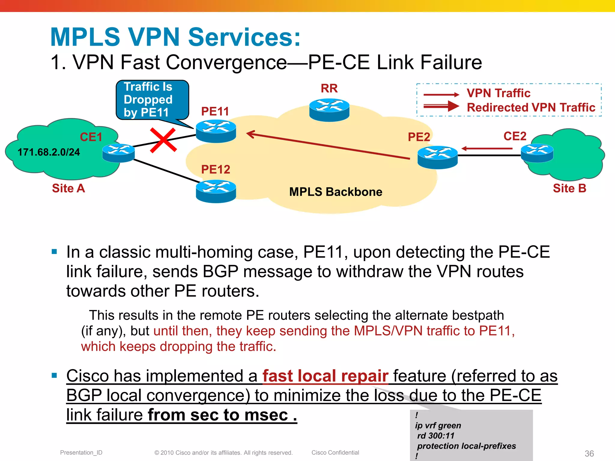 © 2010 Cisco and/or its affiliates. All rights reserved. Cisco ConfidentialPresentation_ID 36
!
ip vrf green
rd 300:11
protection local-prefixes
!
MPLS VPN Services:
1. VPN Fast Convergence—PE-CE Link Failure
 In a classic multi-homing case, PE11, upon detecting the PE-CE
link failure, sends BGP message to withdraw the VPN routes
towards other PE routers.
This results in the remote PE routers selecting the alternate bestpath
(if any), but until then, they keep sending the MPLS/VPN traffic to PE11,
which keeps dropping the traffic.
 Cisco has implemented a fast local repair feature (referred to as
BGP local convergence) to minimize the loss due to the PE-CE
link failure from sec to msec .
PE11
PE2
MPLS Backbone
PE12
171.68.2.0/24
RR VPN Traffic
Redirected VPN Traffic
Traffic Is
Dropped
by PE11
CE1 CE2
Site A Site B
 