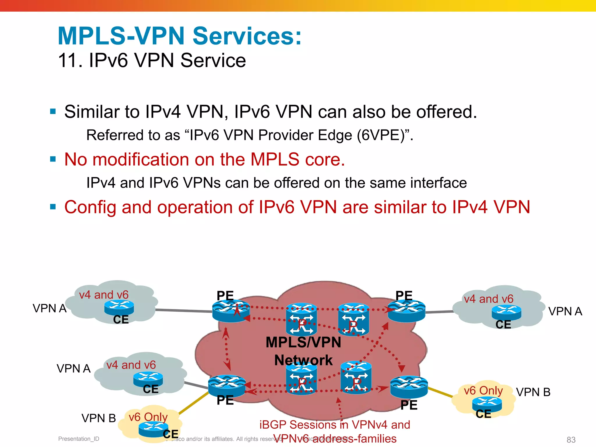 © 2010 Cisco and/or its affiliates. All rights reserved. Cisco ConfidentialPresentation_ID 83
MPLS-VPN Services:
11. IPv6 VPN Service
 Similar to IPv4 VPN, IPv6 VPN can also be offered.
Referred to as “IPv6 VPN Provider Edge (6VPE)”.
 No modification on the MPLS core.
IPv4 and IPv6 VPNs can be offered on the same interface
 Config and operation of IPv6 VPN are similar to IPv4 VPN
P
P
P
P
iBGP Sessions in VPNv4 and
VPNv6 address-families
VPN B
VPN A
v4 and v6
VPN A
v6 Only
v4 and v6
VPN B
VPN A
v6 Only
v4 and v6
MPLS/VPN
Network
PE PE
PE PE
CE
CE
CE
CE
CE
 
