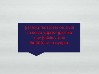 β) Ποια πιστεύετε ότι είναι
τα κοινά χαρακτηριστικά
των βιβλίων που
διαβάζουν τα αγόρια;
 