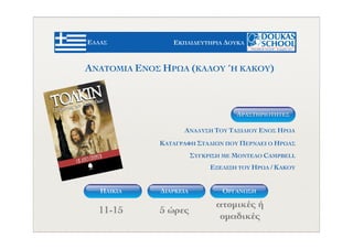 ΕΛΛΑΔΑ
ΕΛΛΑΣ ΕΚΠΑΙΔΕΥΤΗΡΙΑ ΔΟΥΚΑ
ΗΛΙΚΙΑ ΟΡΓΑΝΩΣΗΔΙΑΡΚΕΙΑ
11-15 5 ώρες
ατοµικές ή
οµαδικές
ΑΝΑΤΟΜΙΑ ΕΝΟΣ ΗΡΩΑ (ΚΑΛΟΥ ΄Η ΚΑΚΟΥ)
ΑΝΑΛΥΣΗ ΤΟΥ ΤΑΞΙΔΙΟΥ ΕΝΟΣ ΗΡΩΑ
ΚΑΤΑΓΡΑΦΗ ΣΤΑΔΙΩΝ ΠΟΥ ΠΕΡΝΑΕΙ Ο ΗΡΩΑΣ
ΣΥΓΚΡΙΣΗ ΜΕ ΜΟΝΤΕΛΟ CAMPBELL
ΕΞΕΛΙΞΗ ΤΟΥ ΗΡΩΑ / ΚΑΚΟΥ
ΔΡΑΣΤΗΡIOΤΗΤΕΣ
 