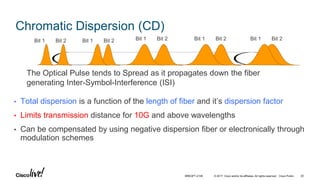 © 2017 Cisco and/or its affiliates. All rights reserved. Cisco Public
Chromatic Dispersion (CD)
• Total dispersion is a function of the length of fiber and it’s dispersion factor
• Limits transmission distance for 10G and above wavelengths
• Can be compensated by using negative dispersion fiber or electronically through
modulation schemes
Bit 1 Bit 2 Bit 1 Bit 2Bit 1 Bit 2Bit 1 Bit 2 Bit 1 Bit 2
The Optical Pulse tends to Spread as it propagates down the fiber
generating Inter-Symbol-Interference (ISI)
BRKOPT-2106 20
 