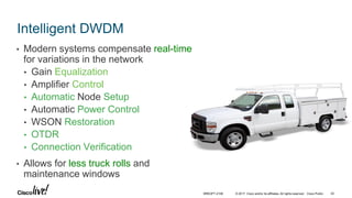 © 2017 Cisco and/or its affiliates. All rights reserved. Cisco Public
Intelligent DWDM
• Modern systems compensate real-time
for variations in the network
• Gain Equalization
• Amplifier Control
• Automatic Node Setup
• Automatic Power Control
• WSON Restoration
• OTDR
• Connection Verification
• Allows for less truck rolls and
maintenance windows
BRKOPT-2106 42
 