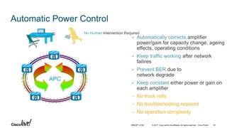 © 2017 Cisco and/or its affiliates. All rights reserved. Cisco Public
Automatic Power Control
• Automatically corrects amplifier
power/gain for capacity change, ageing
effects, operating conditions
• Keep traffic working after network
failires
• Prevent BER due to
network degrade
• Keep constant either power or gain on
each amplifier
• No truck rolls
• No troubleshooting required
• No operation complexity
APC
No Human Intervention Required
BRKOPT-2106 44
 