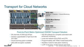 © 2017 Cisco and/or its affiliates. All rights reserved. Cisco Public
• 96 channels of 250G @ 24Tbps
• Solution upgradeable to high baud rate
line rates
• Smart licensing option available
• AES-256 encryption available
Point-to-Point Metro Optimized DWDM Transport Solution
• IOS-XR software for complete automation with
enhanced monitoring
• Local and network boot (iPXE and ZTP)
• Programmability with YANG model based APIs
• Headless mode for data plane resiliency
• LLDP, trunk trace, locator beacon and more
NCS 1001
Amplifiers + Protection + Channel Monitoring
IOS-XR
NCS 1002
8 250G MXP/TXPs
IOS-XR
15216 Mux-Demux
96 Channels
Passive
15216-MD-48-ODD=
15216-MD-48-EVEN=
65BRKOPT-2106
Transport for Cloud Networks
 