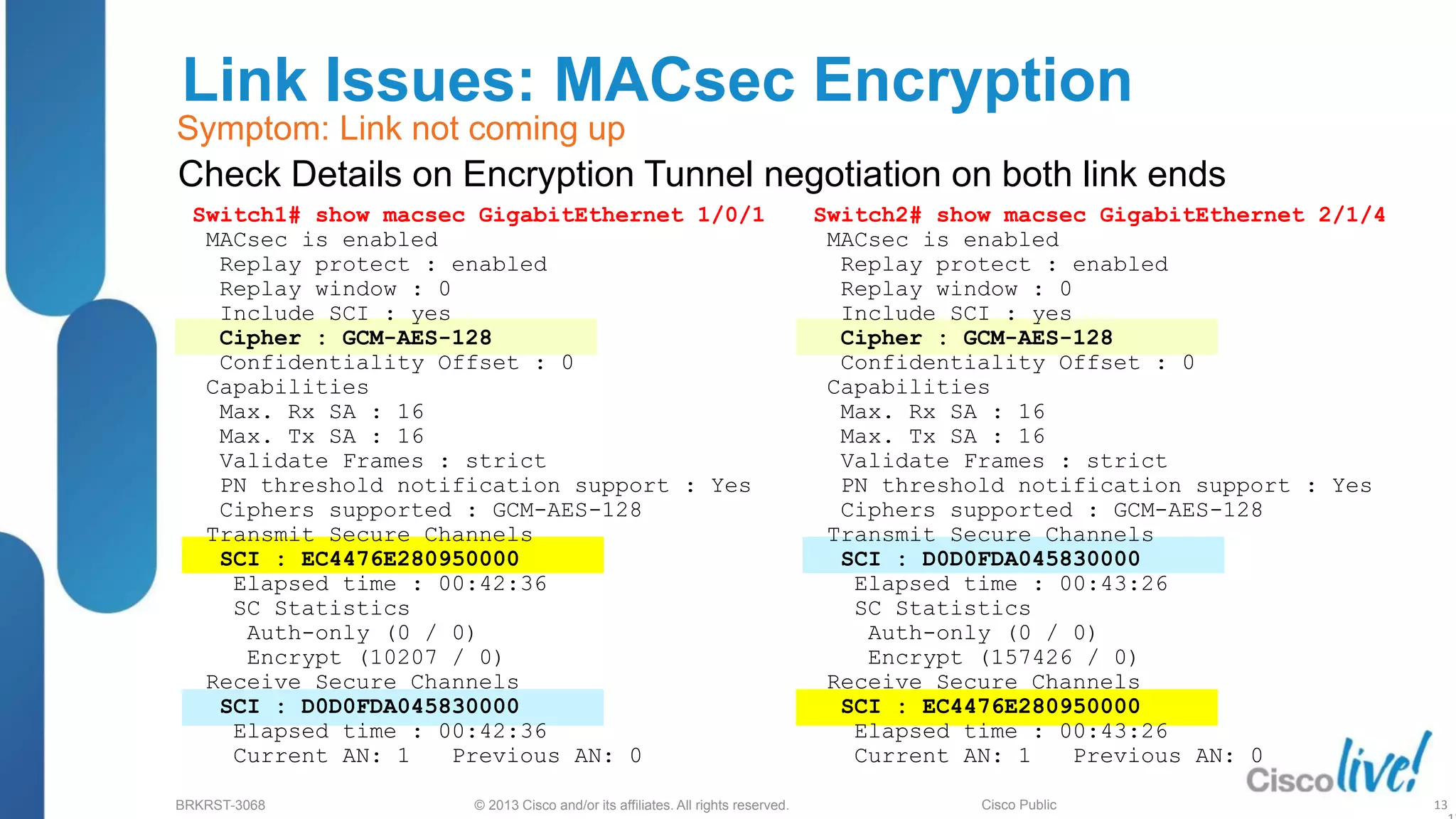 © 2013 Cisco and/or its affiliates. All rights reserved.
BRKRST-3068 Cisco Public
Link Issues: MACsec Encryption
Switch2# show macsec GigabitEthernet 2/1/4
MACsec is enabled
Replay protect : enabled
Replay window : 0
Include SCI : yes
Cipher : GCM-AES-128
Confidentiality Offset : 0
Capabilities
Max. Rx SA : 16
Max. Tx SA : 16
Validate Frames : strict
PN threshold notification support : Yes
Ciphers supported : GCM-AES-128
Transmit Secure Channels
SCI : D0D0FDA045830000
Elapsed time : 00:43:26
SC Statistics
Auth-only (0 / 0)
Encrypt (157426 / 0)
Receive Secure Channels
SCI : EC4476E280950000
Elapsed time : 00:43:26
Current AN: 1 Previous AN: 0
Check Details on Encryption Tunnel negotiation on both link ends
Switch1# show macsec GigabitEthernet 1/0/1
MACsec is enabled
Replay protect : enabled
Replay window : 0
Include SCI : yes
Cipher : GCM-AES-128
Confidentiality Offset : 0
Capabilities
Max. Rx SA : 16
Max. Tx SA : 16
Validate Frames : strict
PN threshold notification support : Yes
Ciphers supported : GCM-AES-128
Transmit Secure Channels
SCI : EC4476E280950000
Elapsed time : 00:42:36
SC Statistics
Auth-only (0 / 0)
Encrypt (10207 / 0)
Receive Secure Channels
SCI : D0D0FDA045830000
Elapsed time : 00:42:36
Current AN: 1 Previous AN: 0
13
Symptom: Link not coming up
 