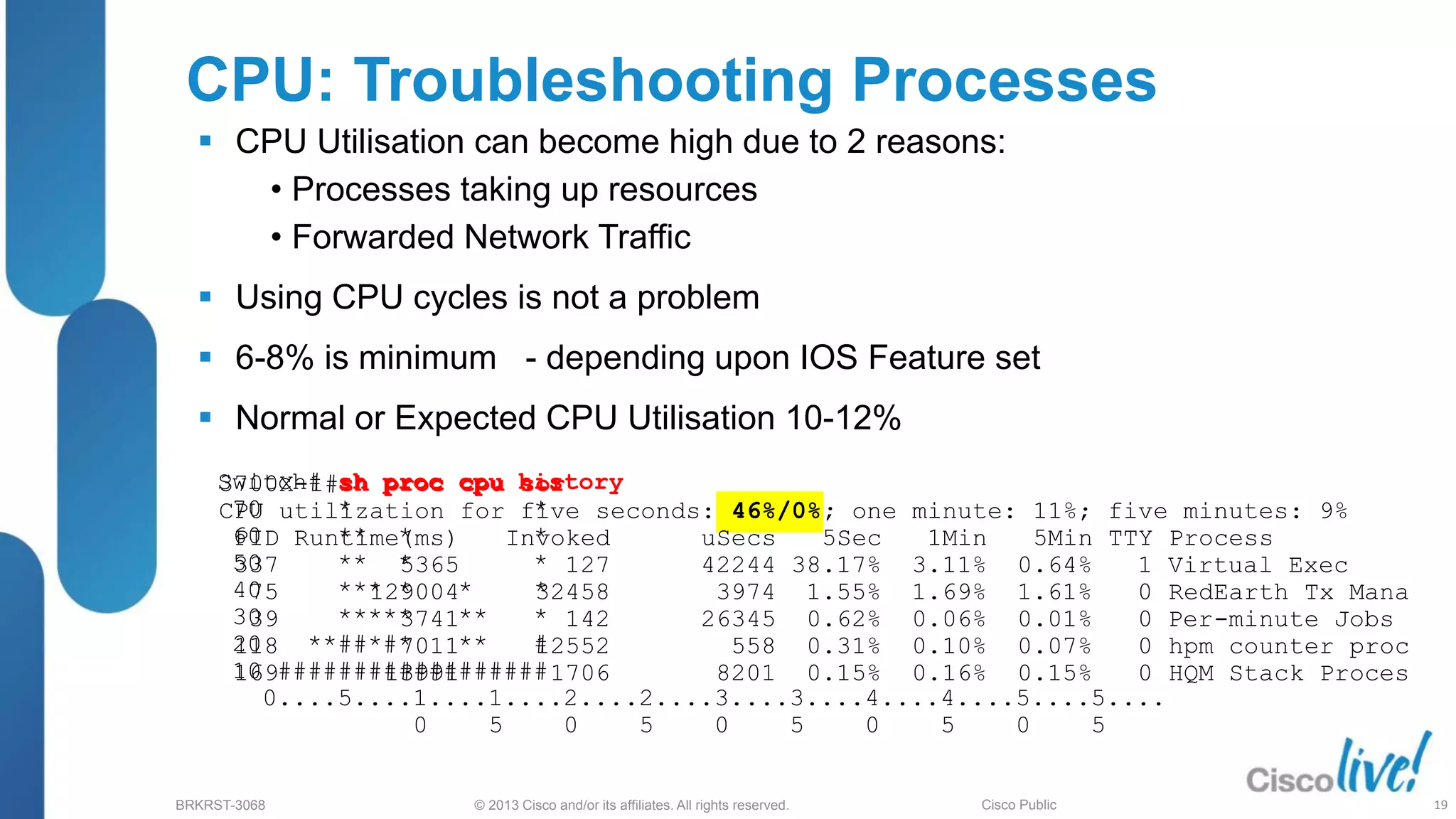 © 2013 Cisco and/or its affiliates. All rights reserved.
BRKRST-3068 Cisco Public
 CPU Utilisation can become high due to 2 reasons:
• Processes taking up resources
• Forwarded Network Traffic
 Using CPU cycles is not a problem
 6-8% is minimum - depending upon IOS Feature set
 Normal or Expected CPU Utilisation 10-12%
3700X-1#sh proc cpu sor
CPU utilization for five seconds: 46%/0%; one minute: 11%; five minutes: 9%
PID Runtime(ms) Invoked uSecs 5Sec 1Min 5Min TTY Process
337 5365 127 42244 38.17% 3.11% 0.64% 1 Virtual Exec
75 129004 32458 3974 1.55% 1.69% 1.61% 0 RedEarth Tx Mana
39 3741 142 26345 0.62% 0.06% 0.01% 0 Per-minute Jobs
118 7011 12552 558 0.31% 0.10% 0.07% 0 hpm counter proc
169 13991 1706 8201 0.15% 0.16% 0.15% 0 HQM Stack Proces
CPU: Troubleshooting Processes
Switch# sh proc cpu history
70 * *
60 ** * *
50 ** * *
40 *** * * *
30 ***** ** *
20 **##*#* ** #
10 ##################
0....5....1....1....2....2....3....3....4....4....5....5....
0 5 0 5 0 5 0 5 0 5
19
 