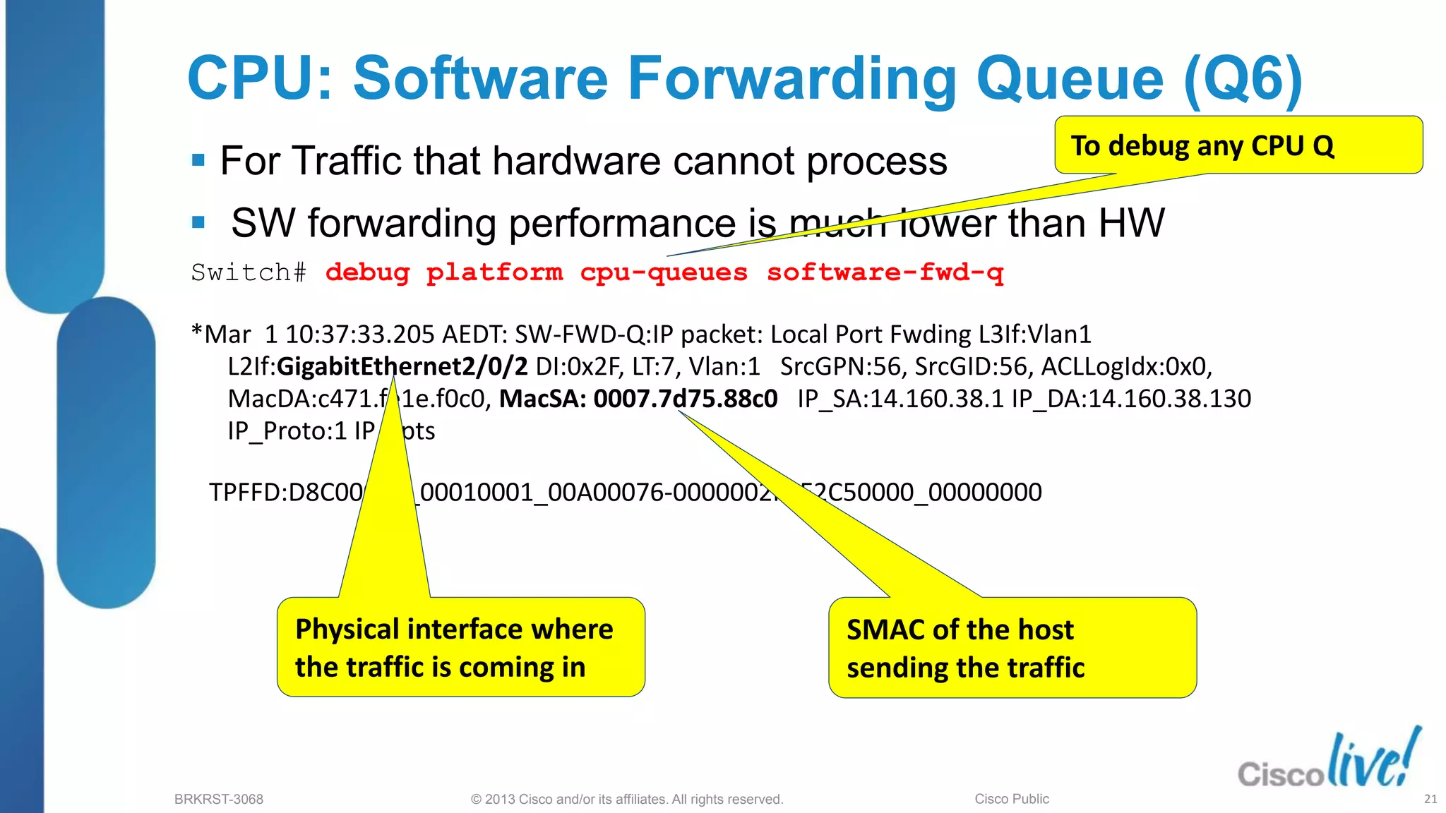 © 2013 Cisco and/or its affiliates. All rights reserved.
BRKRST-3068 Cisco Public
Switch# debug platform cpu-queues software-fwd-q
*Mar 1 10:37:33.205 AEDT: SW-FWD-Q:IP packet: Local Port Fwding L3If:Vlan1
L2If:GigabitEthernet2/0/2 DI:0x2F, LT:7, Vlan:1 SrcGPN:56, SrcGID:56, ACLLogIdx:0x0,
MacDA:c471.fe1e.f0c0, MacSA: 0007.7d75.88c0 IP_SA:14.160.38.1 IP_DA:14.160.38.130
IP_Proto:1 IP Opts
TPFFD:D8C00038_00010001_00A00076-0000002F_E2C50000_00000000
CPU: Software Forwarding Queue (Q6)
 For Traffic that hardware cannot process
 SW forwarding performance is much lower than HW
To debug any CPU Q
SMAC of the host
sending the traffic
Physical interface where
the traffic is coming in
21
 