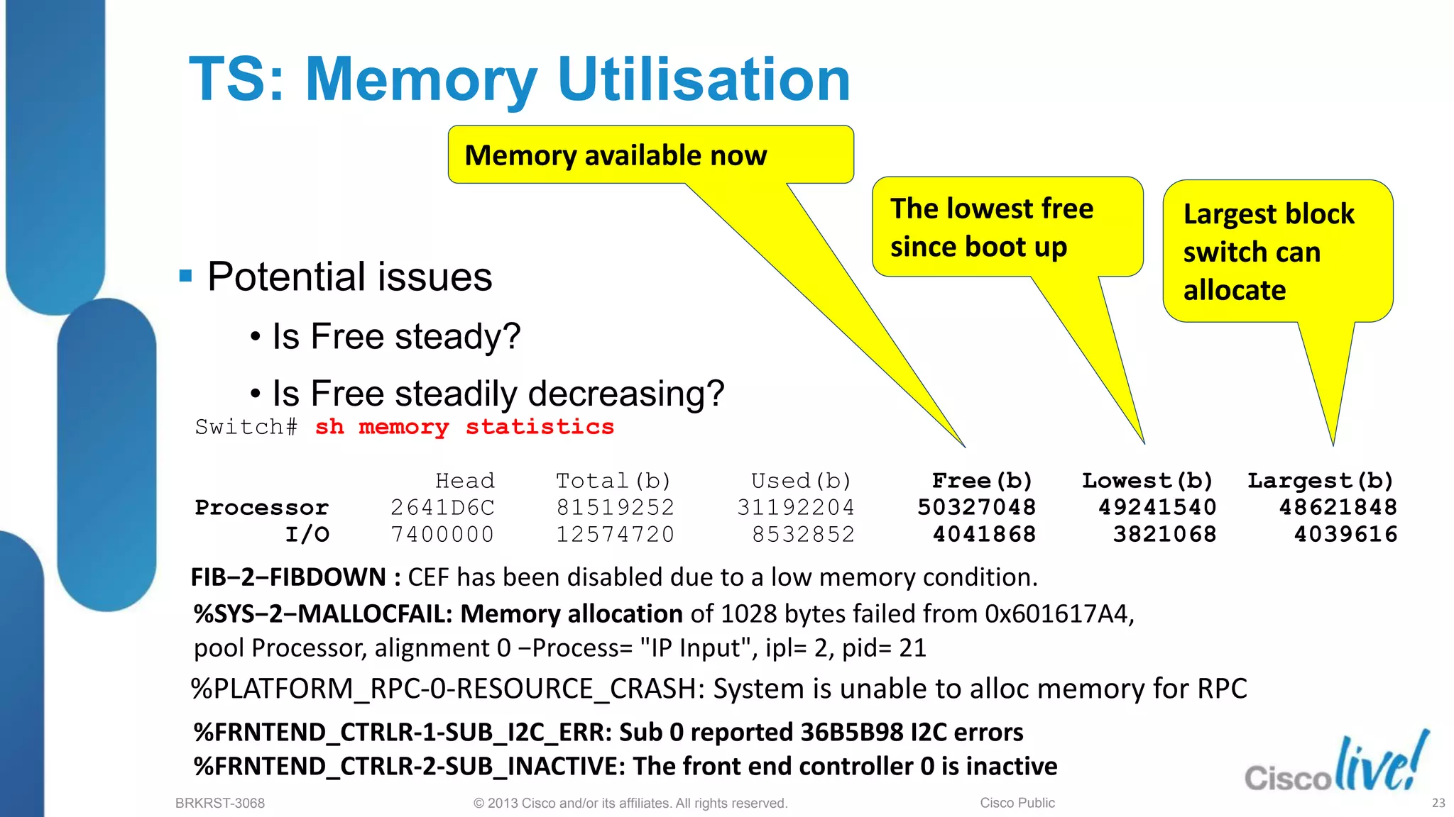 © 2013 Cisco and/or its affiliates. All rights reserved.
BRKRST-3068 Cisco Public
%PLATFORM_RPC-0-RESOURCE_CRASH: System is unable to alloc memory for RPC
TS: Memory Utilisation
 Potential issues
• Is Free steady?
• Is Free steadily decreasing?
Switch# sh memory statistics
Head Total(b) Used(b) Free(b) Lowest(b) Largest(b)
Processor 2641D6C 81519252 31192204 50327048 49241540 48621848
I/O 7400000 12574720 8532852 4041868 3821068 4039616
Memory available now
The lowest free
since boot up
Largest block
switch can
allocate
FIB−2−FIBDOWN : CEF has been disabled due to a low memory condition.
%SYS−2−MALLOCFAIL: Memory allocation of 1028 bytes failed from 0x601617A4,
pool Processor, alignment 0 −Process= "IP Input", ipl= 2, pid= 21
%FRNTEND_CTRLR-1-SUB_I2C_ERR: Sub 0 reported 36B5B98 I2C errors
%FRNTEND_CTRLR-2-SUB_INACTIVE: The front end controller 0 is inactive
23
 