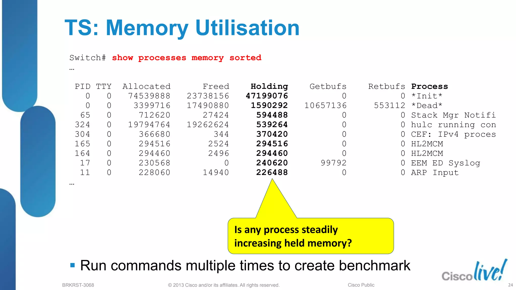 © 2013 Cisco and/or its affiliates. All rights reserved.
BRKRST-3068 Cisco Public
TS: Memory Utilisation
 Run commands multiple times to create benchmark
Switch# show processes memory sorted
…
PID TTY Allocated Freed Holding Getbufs Retbufs Process
0 0 74539888 23738156 47199076 0 0 *Init*
0 0 3399716 17490880 1590292 10657136 553112 *Dead*
65 0 712620 27424 594488 0 0 Stack Mgr Notifi
324 0 19794764 19262624 539264 0 0 hulc running con
304 0 366680 344 370420 0 0 CEF: IPv4 proces
165 0 294516 2524 294516 0 0 HL2MCM
164 0 294460 2496 294460 0 0 HL2MCM
17 0 230568 0 240620 99792 0 EEM ED Syslog
11 0 228060 14940 226488 0 0 ARP Input
…
Is any process steadily
increasing held memory?
24
 