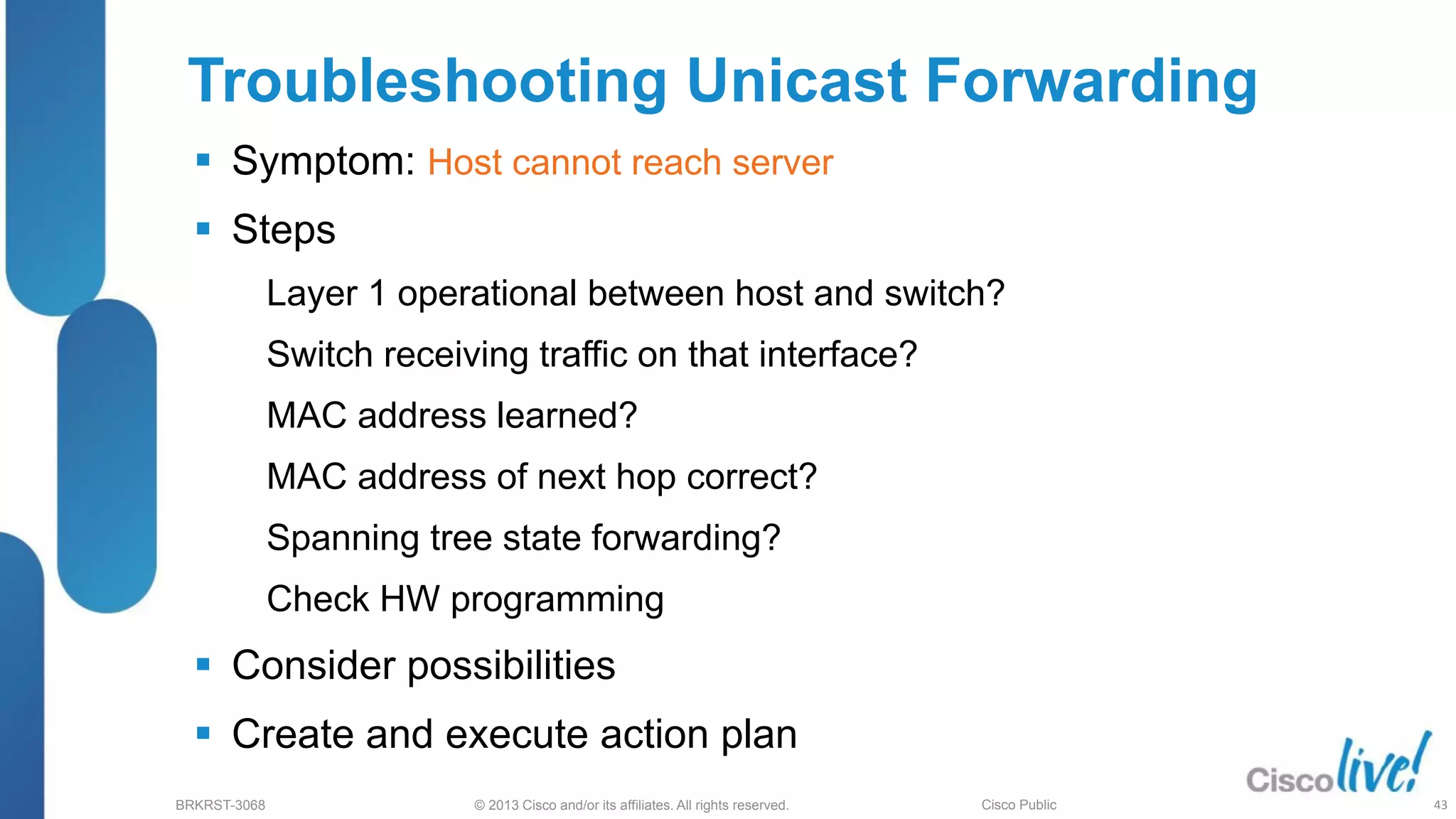 © 2013 Cisco and/or its affiliates. All rights reserved.
BRKRST-3068 Cisco Public
Troubleshooting Unicast Forwarding
 Symptom: Host cannot reach server
 Steps
Layer 1 operational between host and switch?
Switch receiving traffic on that interface?
MAC address learned?
MAC address of next hop correct?
Spanning tree state forwarding?
Check HW programming
 Consider possibilities
 Create and execute action plan
43
 