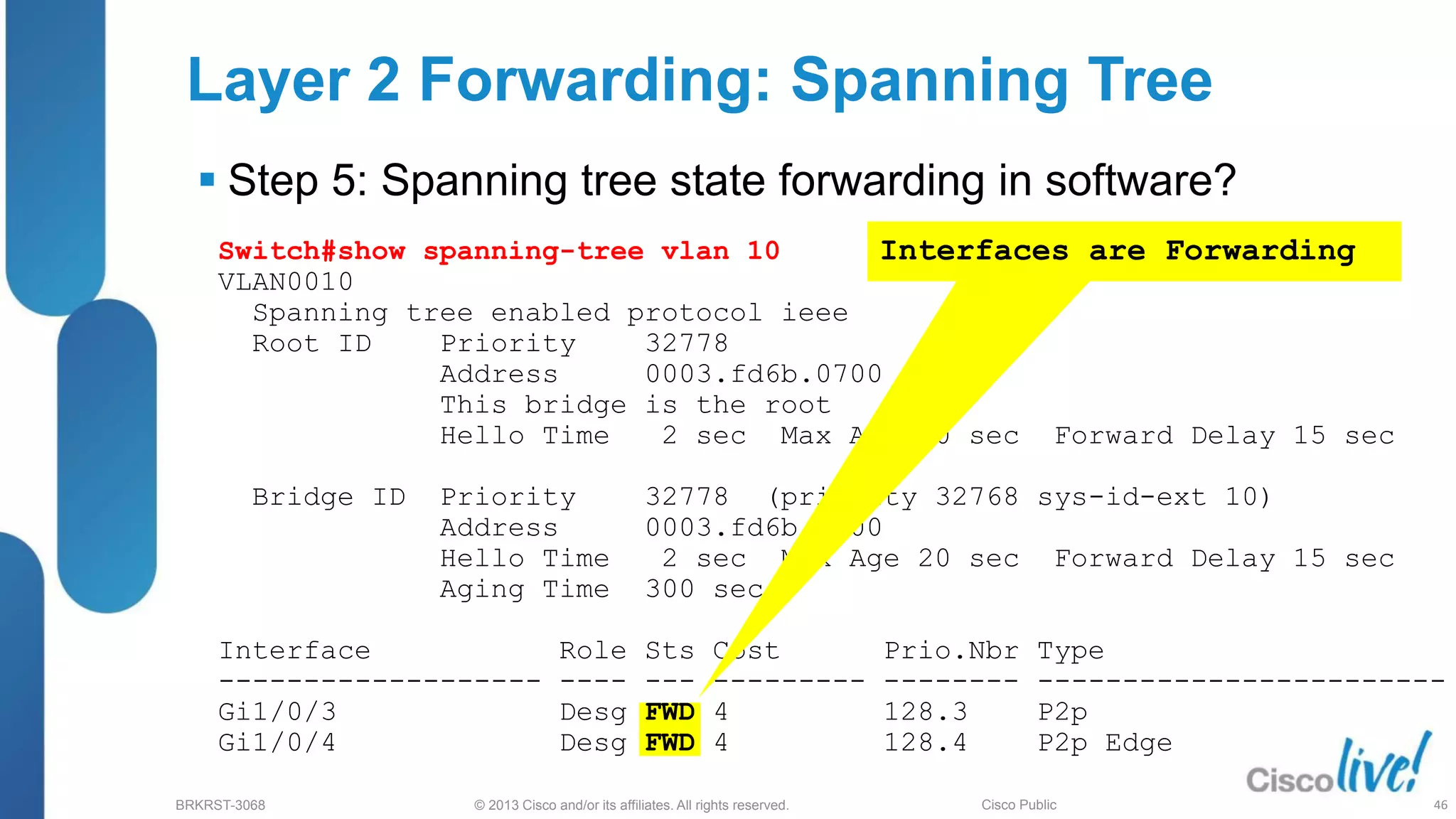 © 2013 Cisco and/or its affiliates. All rights reserved.
BRKRST-3068 Cisco Public
Switch#show spanning-tree vlan 10
VLAN0010
Spanning tree enabled protocol ieee
Root ID Priority 32778
Address 0003.fd6b.0700
This bridge is the root
Hello Time 2 sec Max Age 20 sec Forward Delay 15 sec
Bridge ID Priority 32778 (priority 32768 sys-id-ext 10)
Address 0003.fd6b.0700
Hello Time 2 sec Max Age 20 sec Forward Delay 15 sec
Aging Time 300 sec
Interface Role Sts Cost Prio.Nbr Type
------------------- ---- --- --------- -------- ------------------------
Gi1/0/3 Desg FWD 4 128.3 P2p
Gi1/0/4 Desg FWD 4 128.4 P2p Edge
Layer 2 Forwarding: Spanning Tree
 Step 5: Spanning tree state forwarding in software?
Interfaces are Forwarding
46
 
