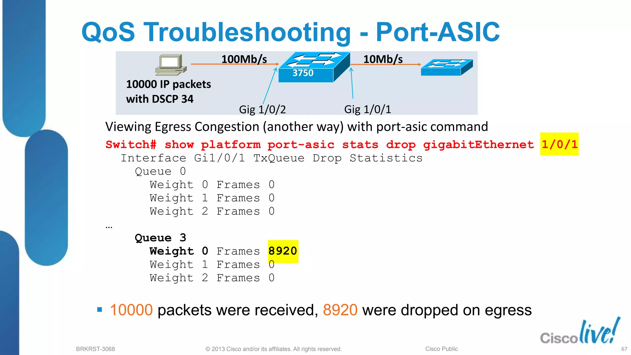 © 2013 Cisco and/or its affiliates. All rights reserved.
BRKRST-3068 Cisco Public
QoS Troubleshooting - Port-ASIC
 10000 packets were received, 8920 were dropped on egress
10000 IP packets
with DSCP 34
100Mb/s 10Mb/s
Viewing Egress Congestion (another way) with port-asic command
Gig 1/0/2 Gig 1/0/1
3750
Switch# show platform port-asic stats drop gigabitEthernet 1/0/1
Interface Gi1/0/1 TxQueue Drop Statistics
Queue 0
Weight 0 Frames 0
Weight 1 Frames 0
Weight 2 Frames 0
…
Queue 3
Weight 0 Frames 8920
Weight 1 Frames 0
Weight 2 Frames 0
67
 