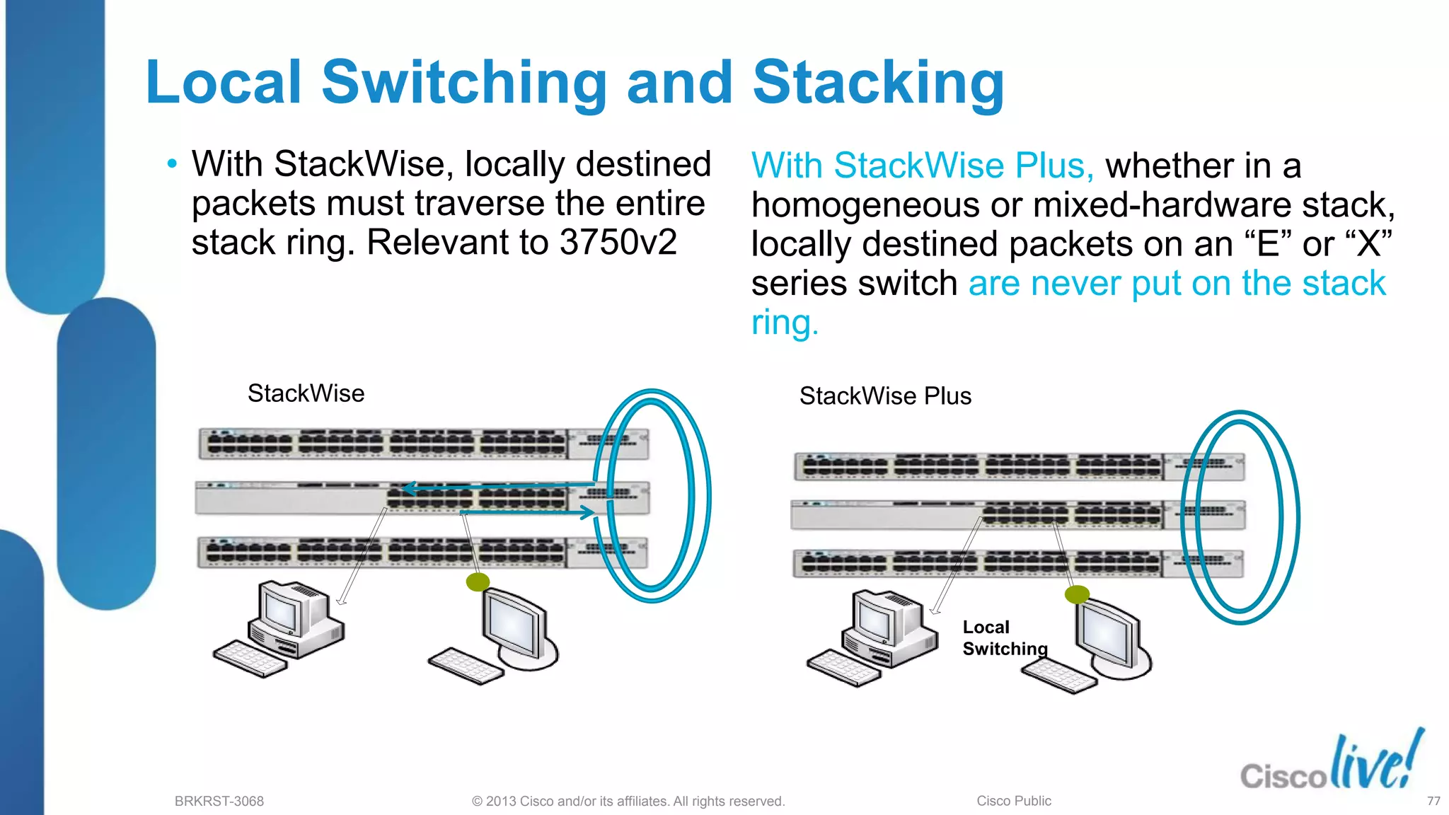 © 2013 Cisco and/or its affiliates. All rights reserved.
BRKRST-3068 Cisco Public
Local Switching and Stacking
• With StackWise, locally destined
packets must traverse the entire
stack ring. Relevant to 3750v2
StackWise StackWise Plus
Local
Switching
With StackWise Plus, whether in a
homogeneous or mixed-hardware stack,
locally destined packets on an “E” or “X”
series switch are never put on the stack
ring.
77
 