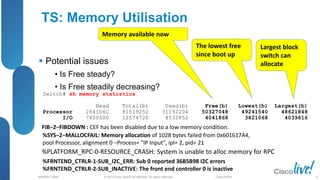 © 2013 Cisco and/or its affiliates. All rights reserved.
BRKRST-3068 Cisco Public
%PLATFORM_RPC-0-RESOURCE_CRASH: System is unable to alloc memory for RPC
TS: Memory Utilisation
 Potential issues
• Is Free steady?
• Is Free steadily decreasing?
Switch# sh memory statistics
Head Total(b) Used(b) Free(b) Lowest(b) Largest(b)
Processor 2641D6C 81519252 31192204 50327048 49241540 48621848
I/O 7400000 12574720 8532852 4041868 3821068 4039616
Memory available now
The lowest free
since boot up
Largest block
switch can
allocate
FIB−2−FIBDOWN : CEF has been disabled due to a low memory condition.
%SYS−2−MALLOCFAIL: Memory allocation of 1028 bytes failed from 0x601617A4,
pool Processor, alignment 0 −Process= "IP Input", ipl= 2, pid= 21
%FRNTEND_CTRLR-1-SUB_I2C_ERR: Sub 0 reported 36B5B98 I2C errors
%FRNTEND_CTRLR-2-SUB_INACTIVE: The front end controller 0 is inactive
23
 