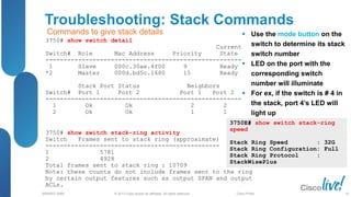 © 2013 Cisco and/or its affiliates. All rights reserved.
BRKRST-3068 Cisco Public
Troubleshooting: Stack Commands
3750# show switch detail
Current
Switch# Role Mac Address Priority State
------------------------------------------------------
1 Slave 000c.30ae.4f00 9 Ready
*2 Master 000d.bd5c.1680 15 Ready
Stack Port Status Neighbors
Switch# Port 1 Port 2 Port 1 Port 2
------------------------------------------------------
1 Ok Ok 2 2
2 Ok Ok 1 1
3750# show switch stack-ring activity
Switch Frames sent to stack ring (approximate)
------------------------------------------------
1 5781
2 4928
Total frames sent to stack ring : 10709
Note: these counts do not include frames sent to the ring
by certain output features such as output SPAN and output
ACLs.
Commands to give stack details  Use the mode button on the
switch to determine its stack
switch number
 LED on the port with the
corresponding switch
number will illuminate
 For ex, if the switch is # 4 in
the stack, port 4’s LED will
light up
3750E# show switch stack-ring
speed
Stack Ring Speed : 32G
Stack Ring Configuration: Full
Stack Ring Protocol :
StackWisePlus
32
 