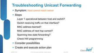 © 2013 Cisco and/or its affiliates. All rights reserved.
BRKRST-3068 Cisco Public
Troubleshooting Unicast Forwarding
 Symptom: Host cannot reach server
 Steps
Layer 1 operational between host and switch?
Switch receiving traffic on that interface?
MAC address learned?
MAC address of next hop correct?
Spanning tree state forwarding?
Check HW programming
 Consider possibilities
 Create and execute action plan
43
 